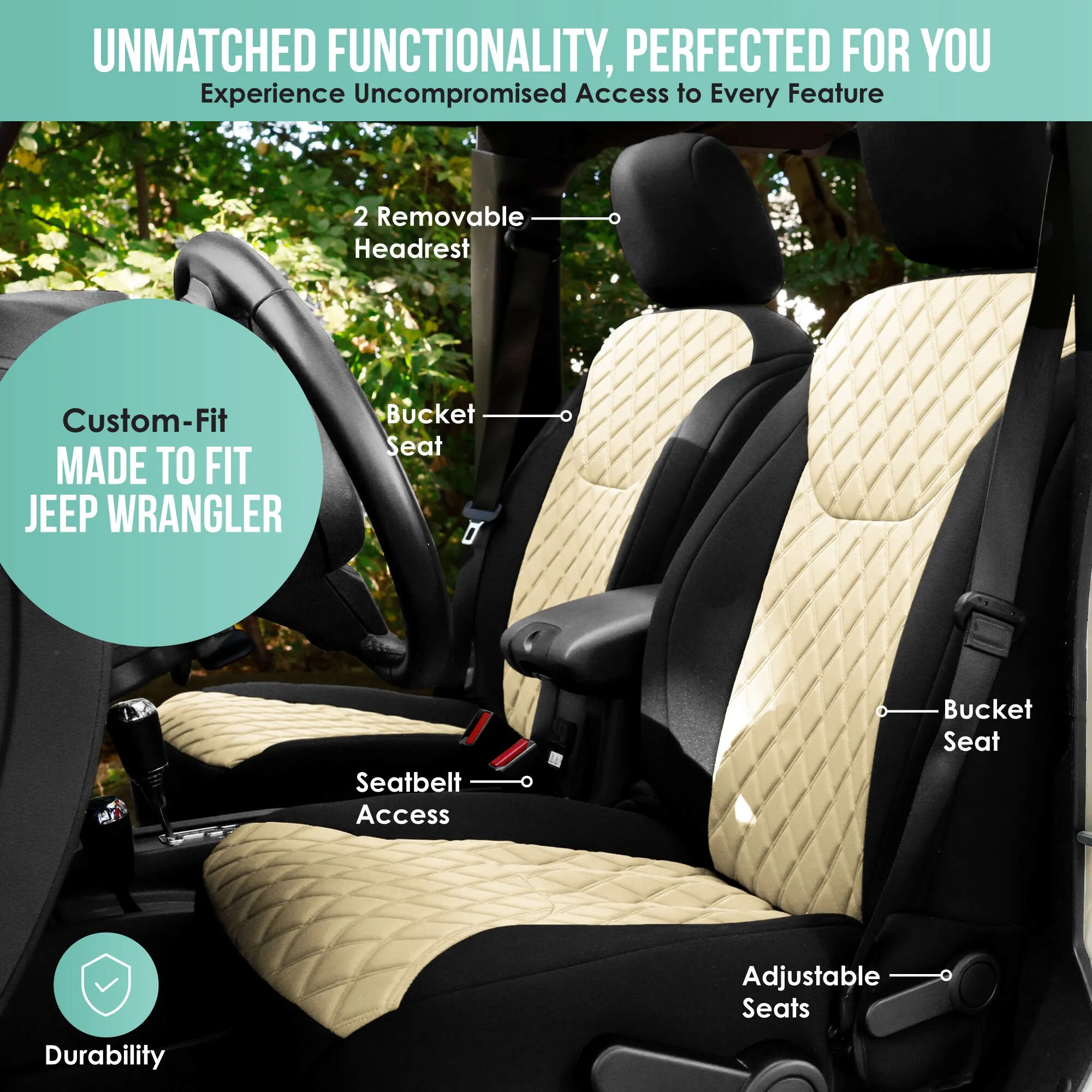 Jeep Wrangler JK 2 Door 2007-2017 -  Full Set Seat Covers - Beige Ultraflex Neoprene
