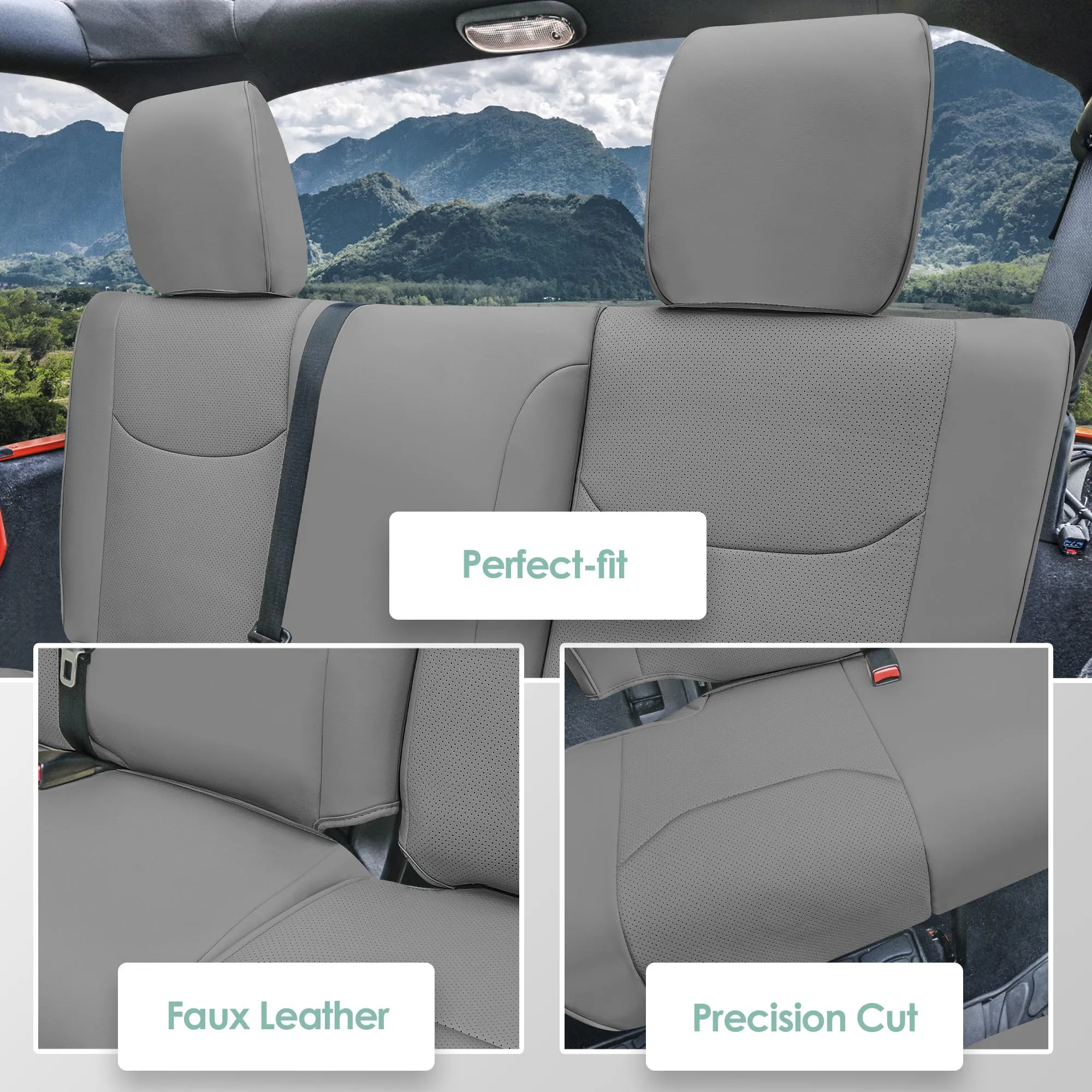 Jeep Wrangler JK 4-Door 2007-2017 - Rear Set Seat Covers - Solid Gray Faux Leather