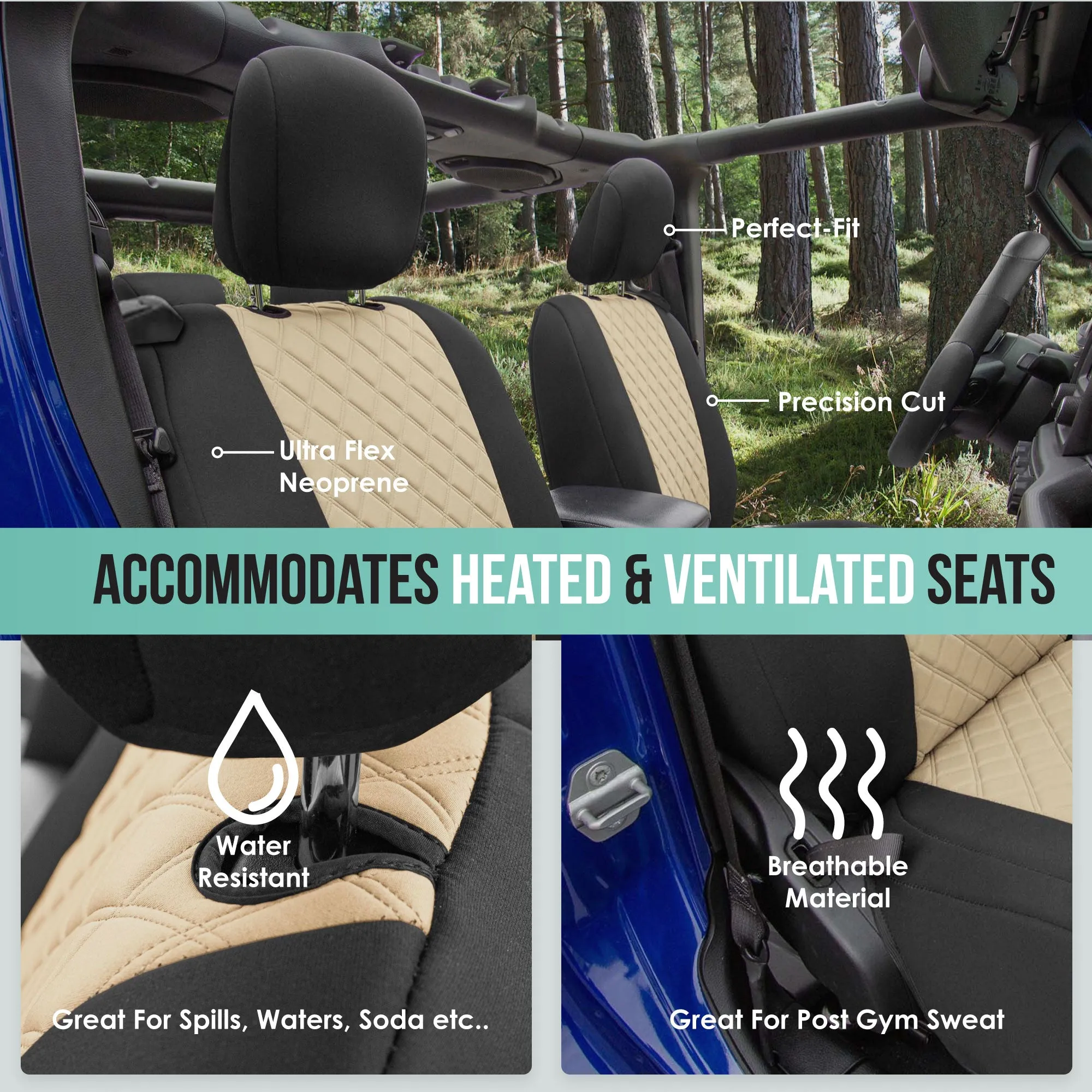 Jeep Wrangler JL 2-Door 2018-2023 -  Full Set Seat Covers - Beige Ultraflex Neoprene