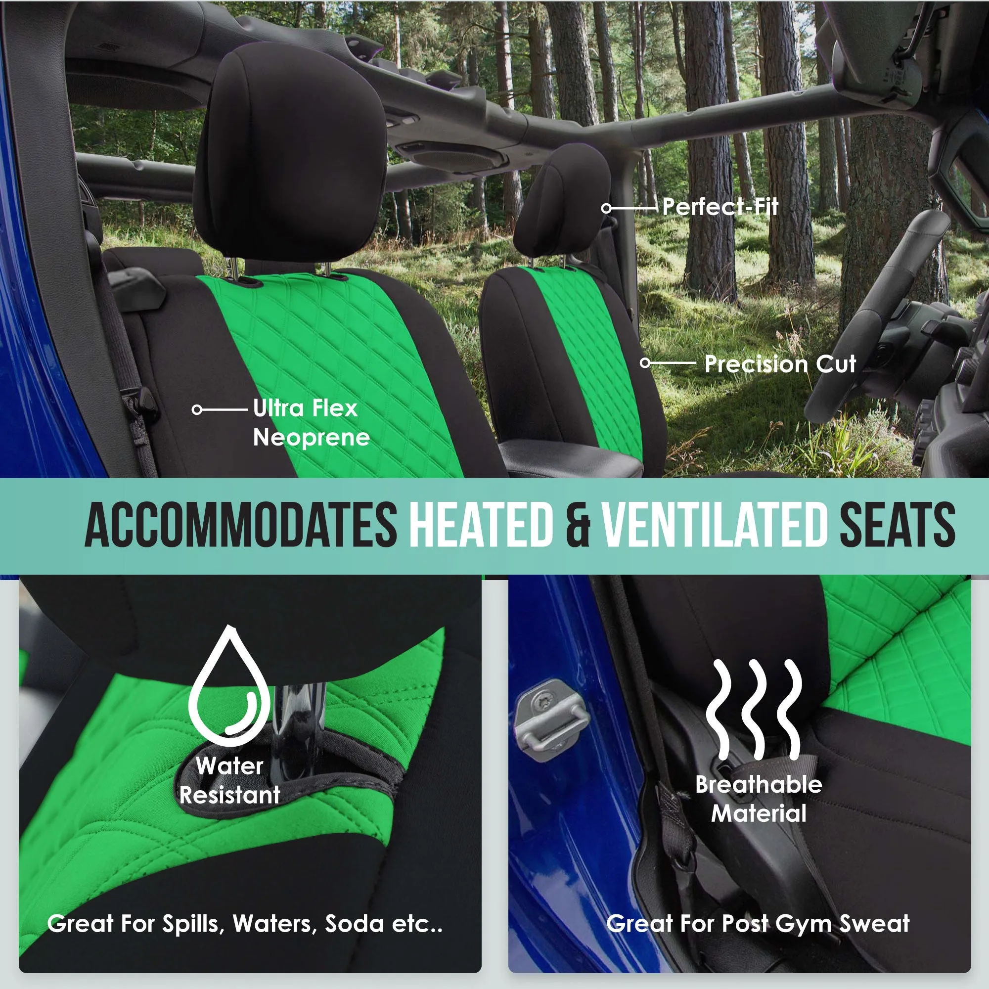 Jeep Wrangler JL 2-Door 2018-2024 -  Front Set Seat Covers - Green Ultraflex Neoprene