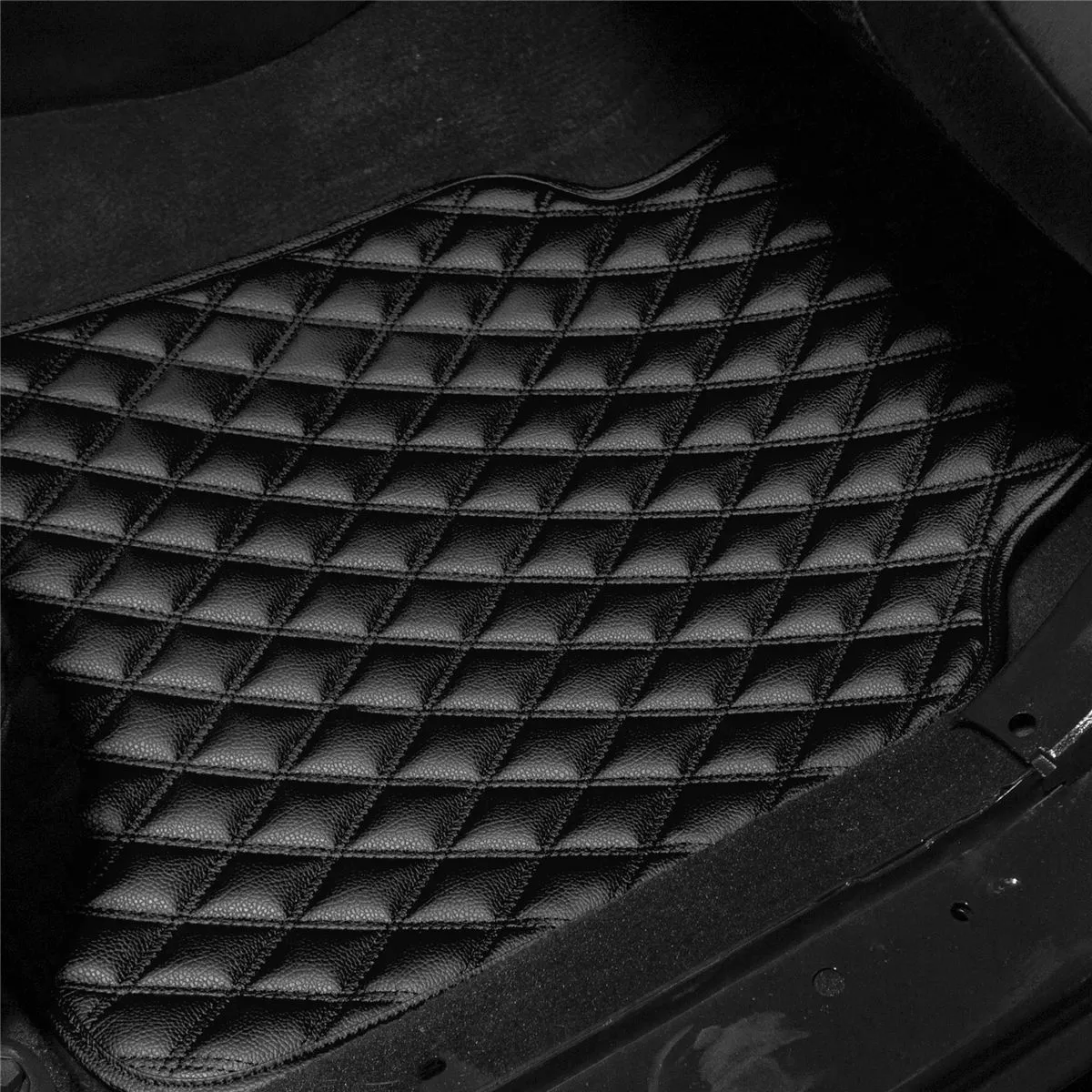 Luxury Universal Liners Heavy Duty Faux Leather Non-Slip Floor Mats Diamond Design - Full Set Black