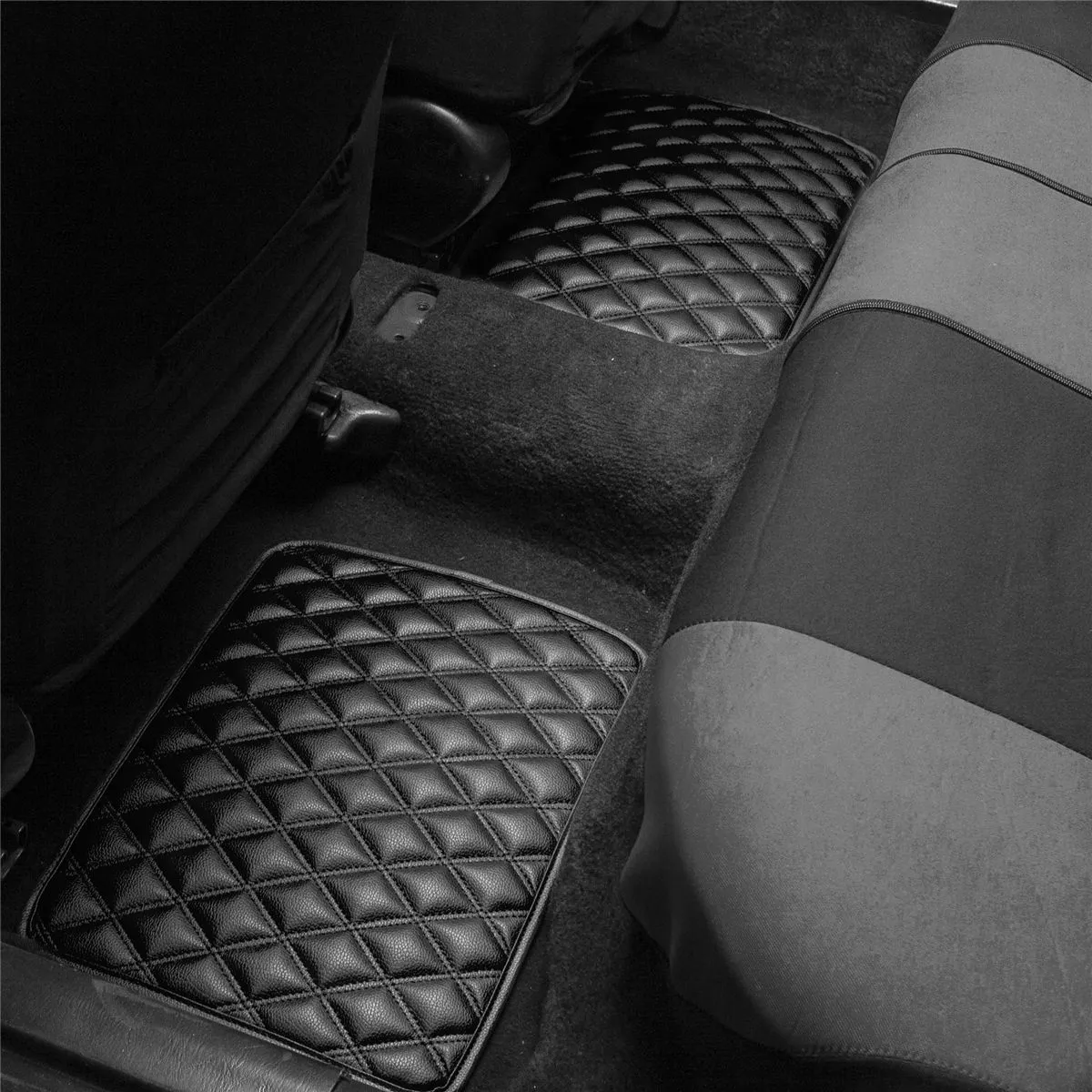 Luxury Universal Liners Heavy Duty Faux Leather Non-Slip Floor Mats Diamond Design - Full Set Black