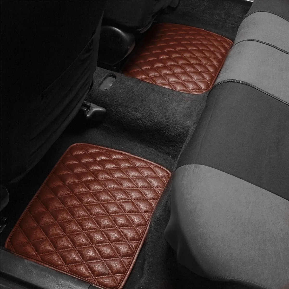 Luxury Universal Liners Heavy Duty Faux Leather Non-Slip Floor Mats Diamond Design - Full Set Brown
