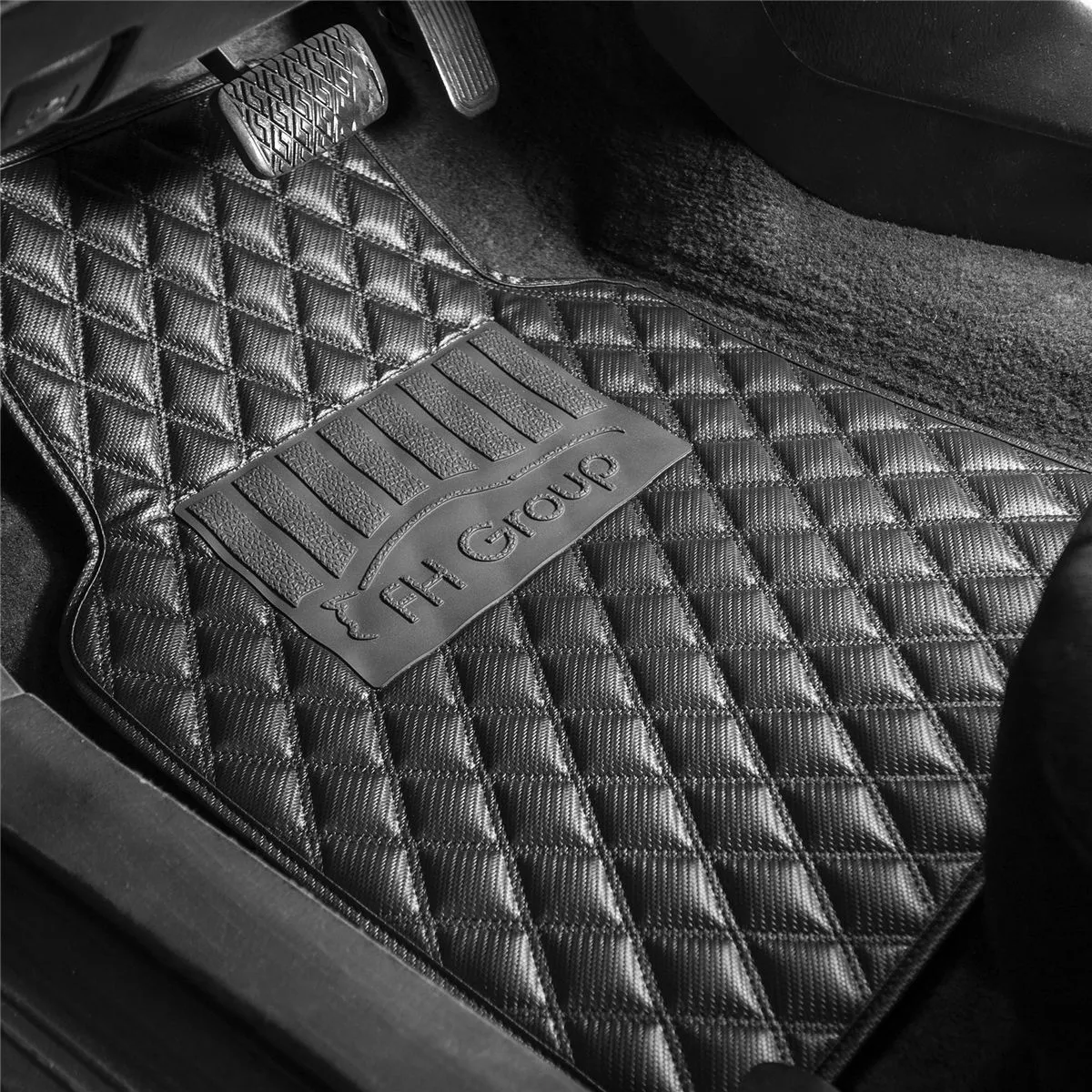 Luxury Universal Liners Heavy Duty Faux Leather Non-Slip Floor Mats Diamond Design - Full Set Carbon Black