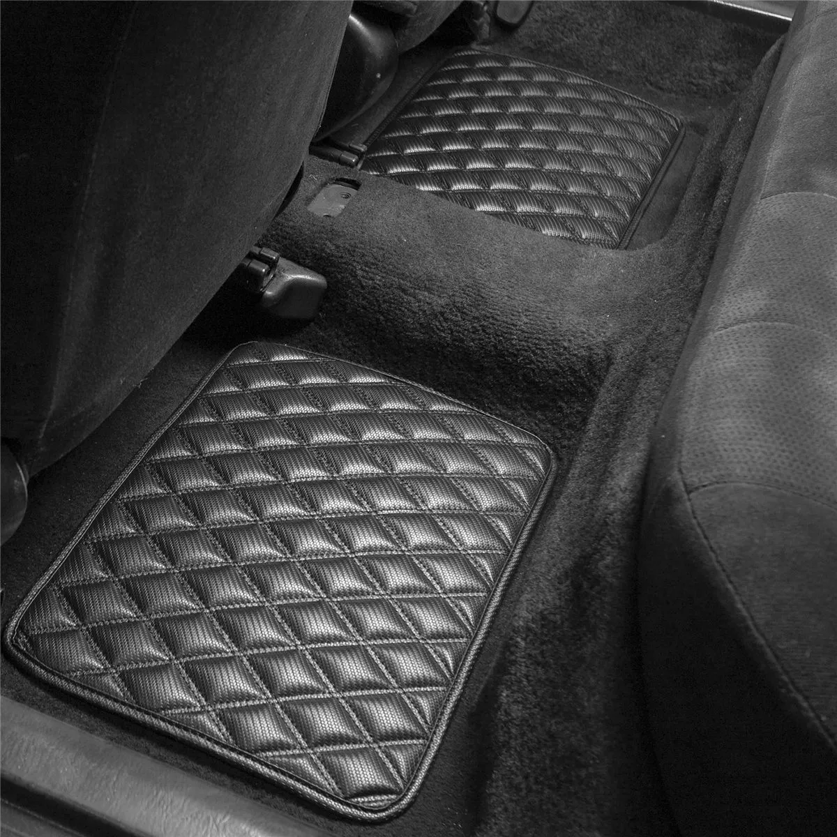 Luxury Universal Liners Heavy Duty Faux Leather Non-Slip Floor Mats Diamond Design - Full Set Carbon Black