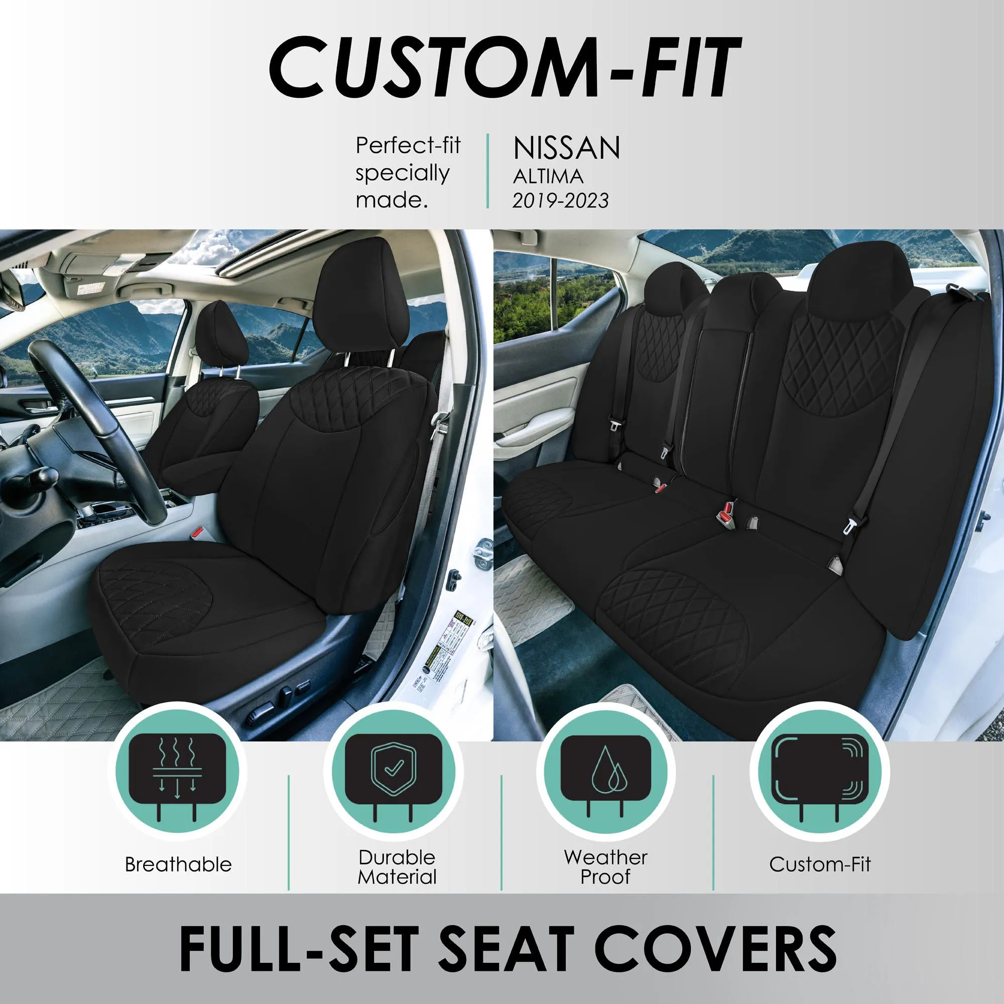 Nissan Altima - 2019 - 2025 - Full Set Seat Covers - Black Ultraflex Neoprene