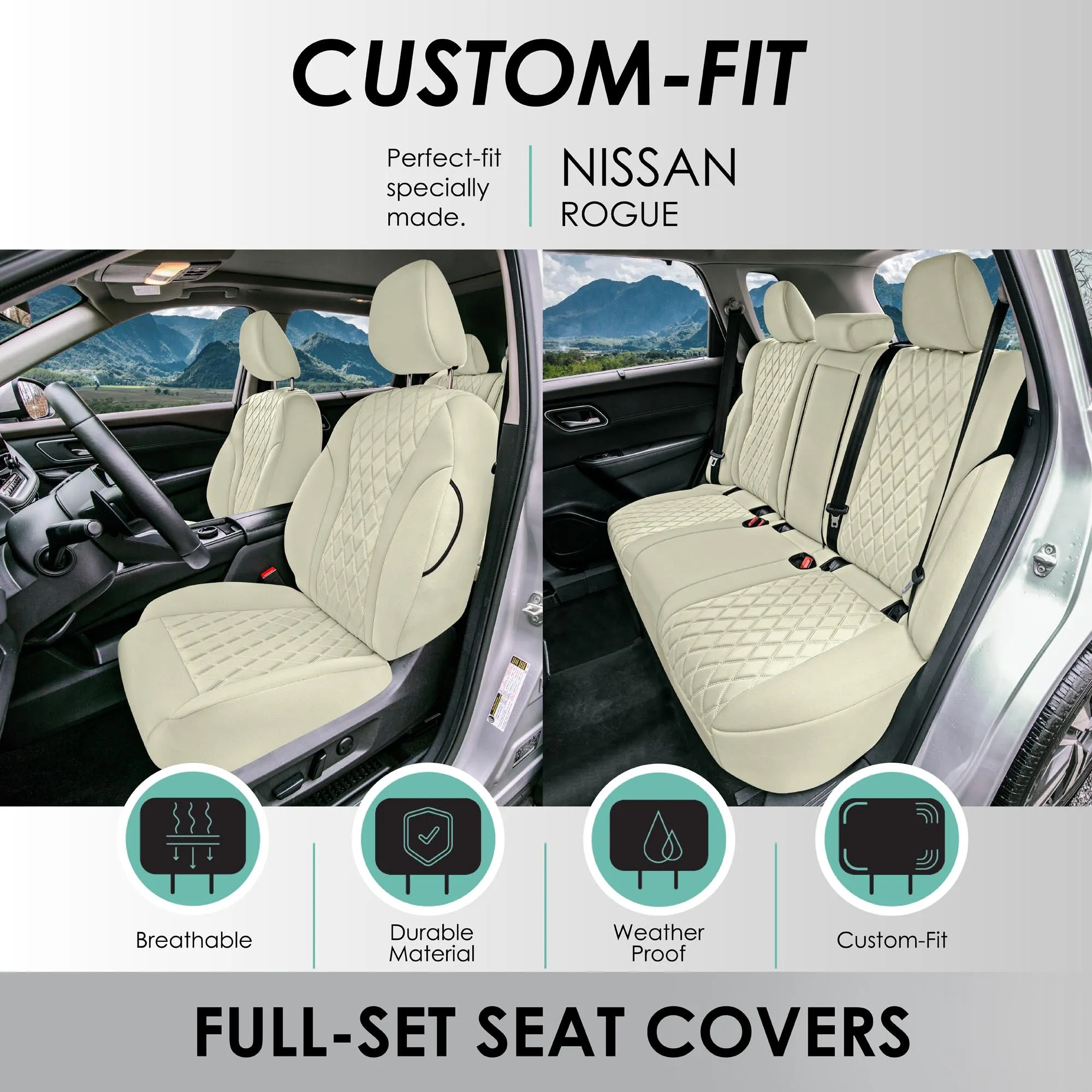 Nissan Rogue - 2021-2024 - Full Set Seat Covers - Solid Beige Ultraflex Neoprene