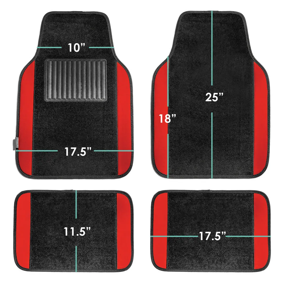 Non-Slip Carpet Floor Mats With Colored Trim - Full Set Red