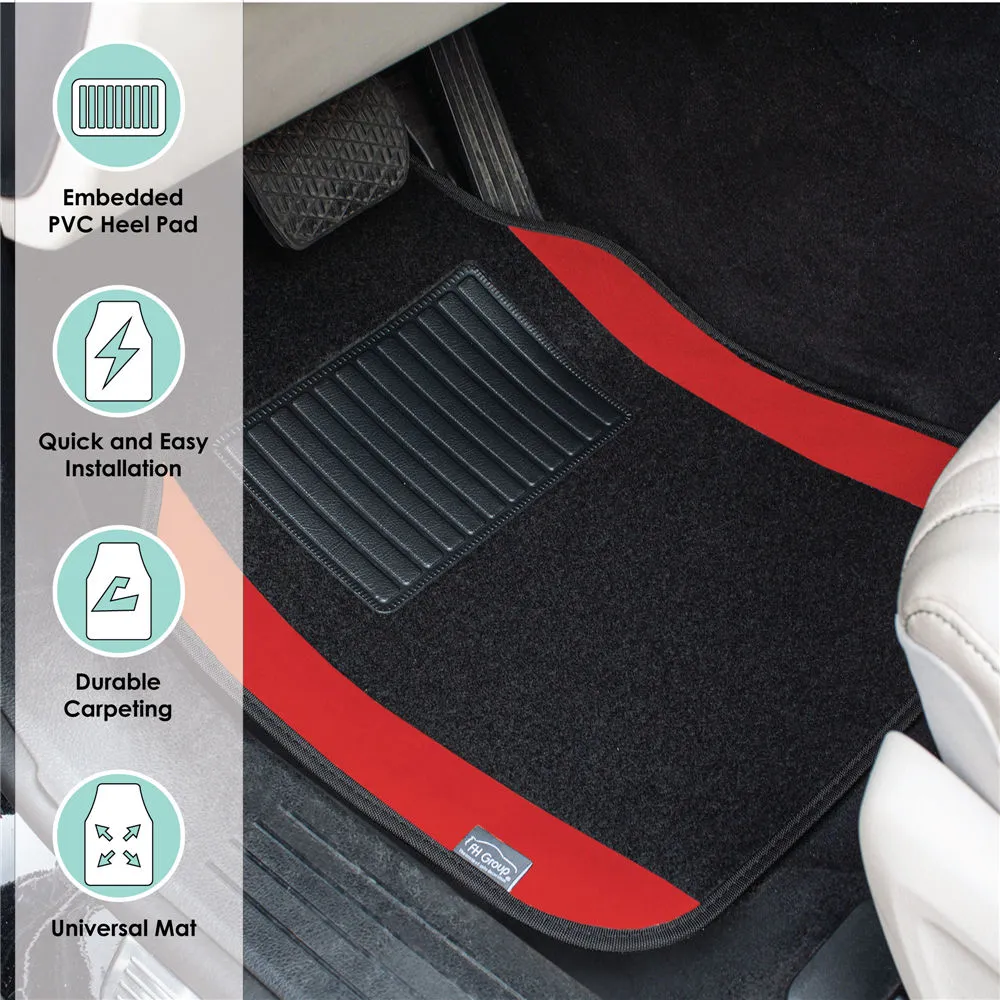 Non-Slip Carpet Floor Mats With Colored Trim - Full Set Red