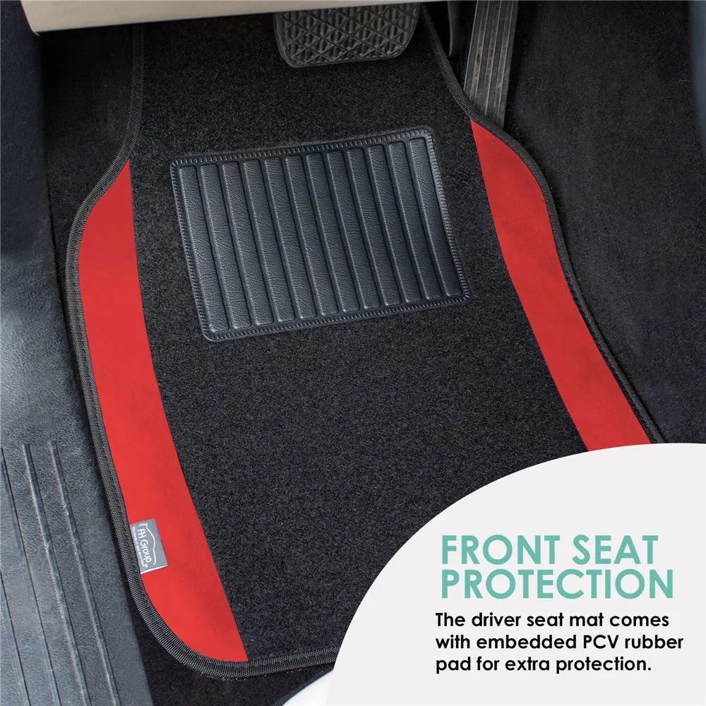 Non-Slip Carpet Floor Mats With Colored Trim - Full Set Red