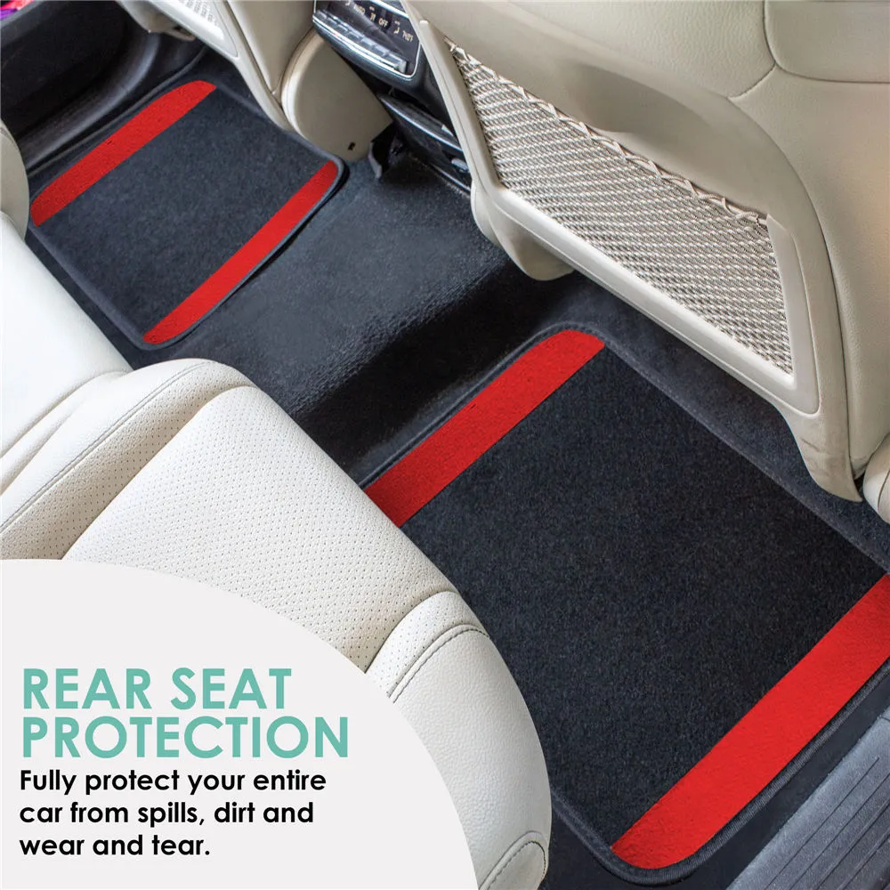 Non-Slip Carpet Floor Mats With Colored Trim - Full Set Red