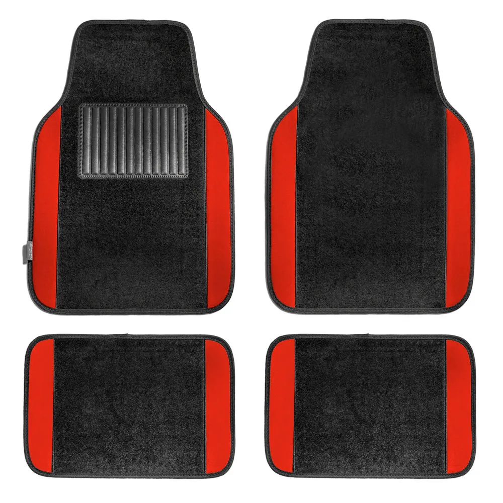 Non-Slip Carpet Floor Mats With Colored Trim - Full Set Red