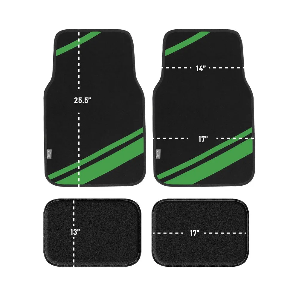 Non-Slip Carpet Floor Mats with Faux Leather Stripes - Full Set Green