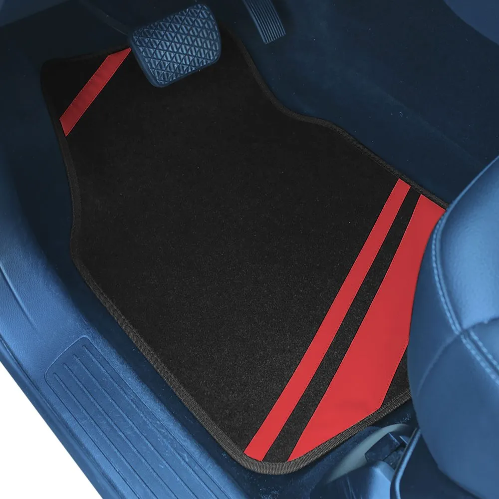 Non-Slip Carpet Floor Mats with Faux Leather Stripes - Full Set Red