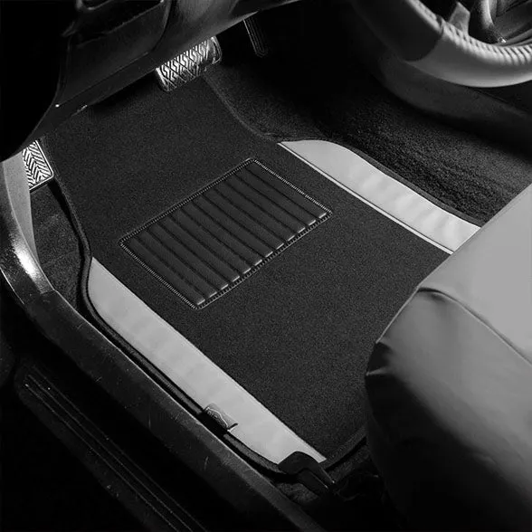 Non-Slip Carpet Floor Mats With PU Leather Trim - Full Set Gray / Black