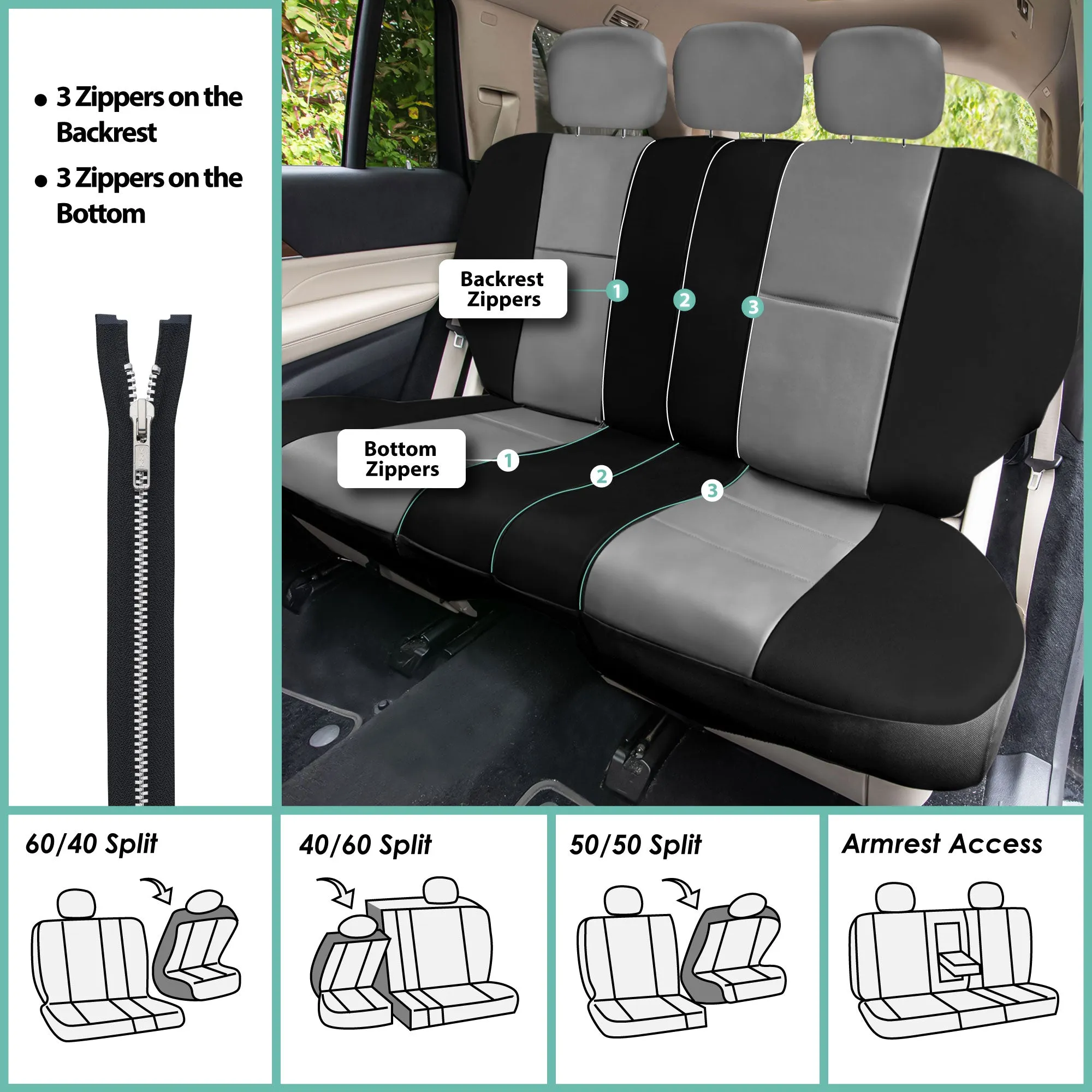 Premium PU Leather Seat Covers - Rear Gray / Black