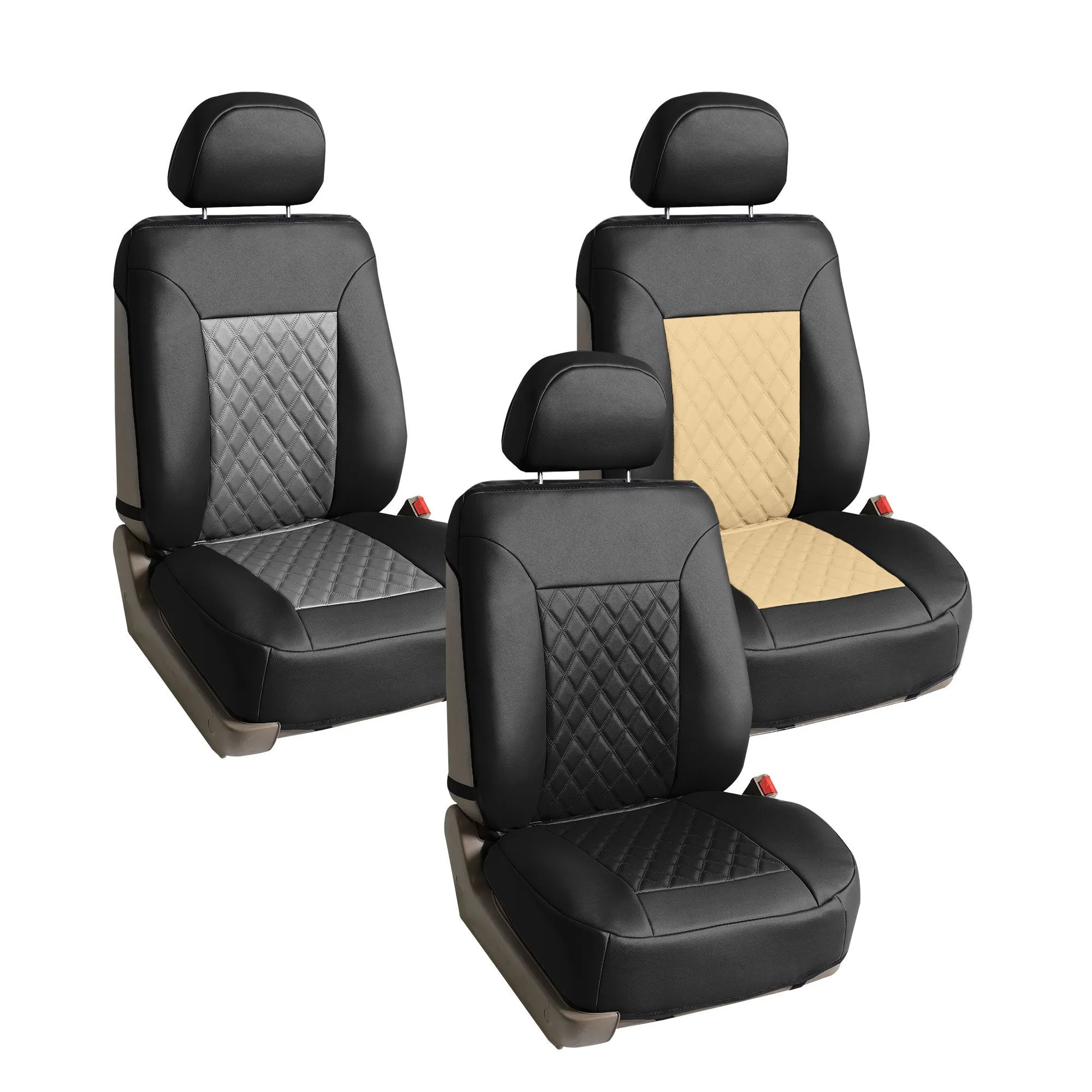 Quality Faux Leather Diamond Pattern Car Seat Cushions - Front Set Beige / Black