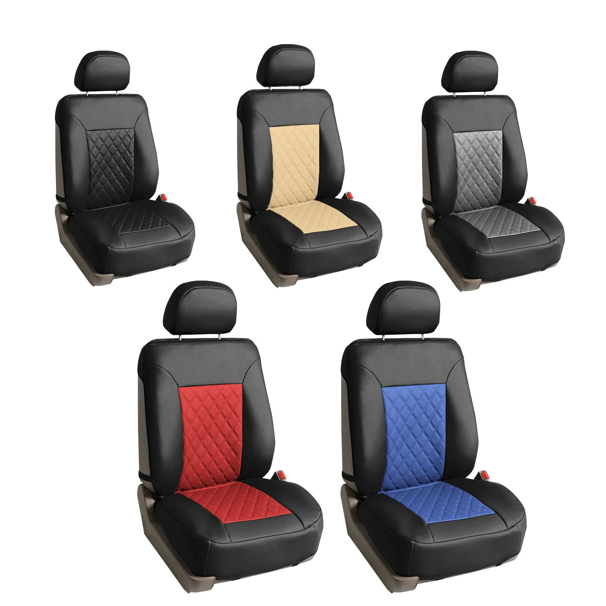 Quality Faux Leather Diamond Pattern Car Seat Cushions - Front Set Beige / Black
