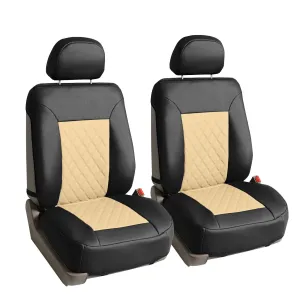 Quality Faux Leather Diamond Pattern Car Seat Cushions - Front Set Beige / Black