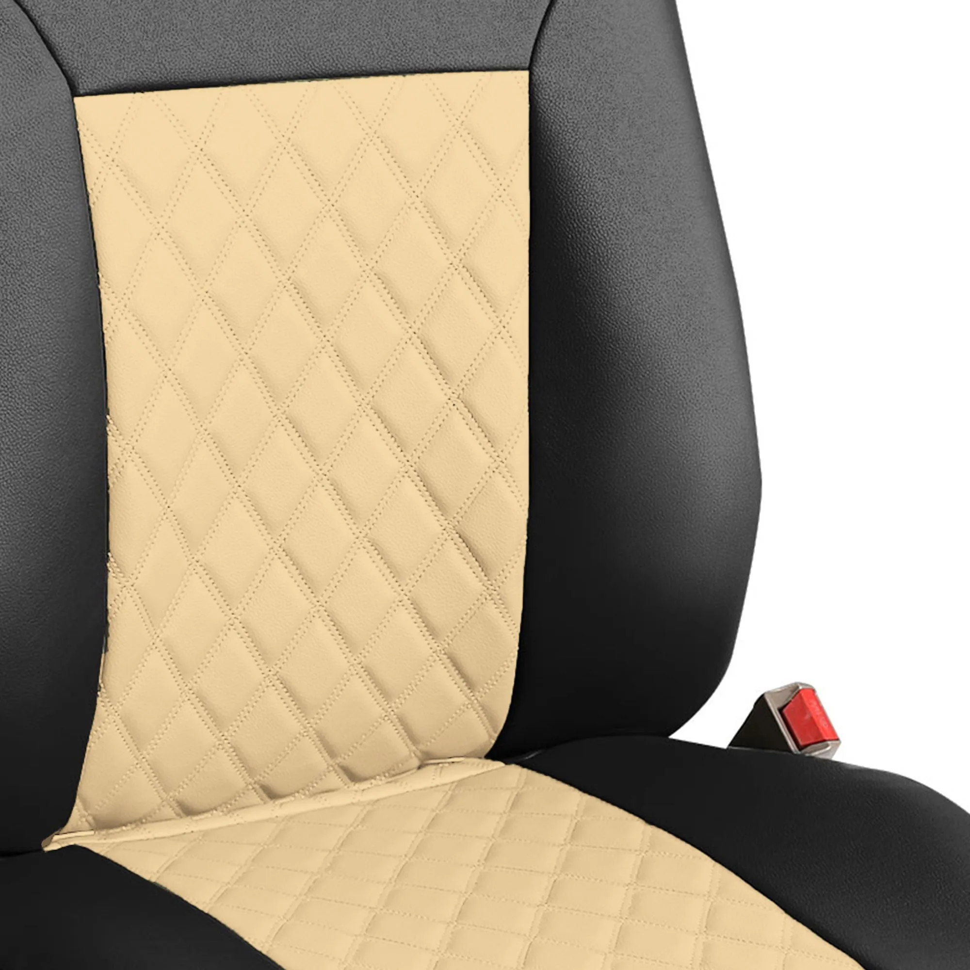 Quality Faux Leather Diamond Pattern Car Seat Cushions - Front Set Beige / Black