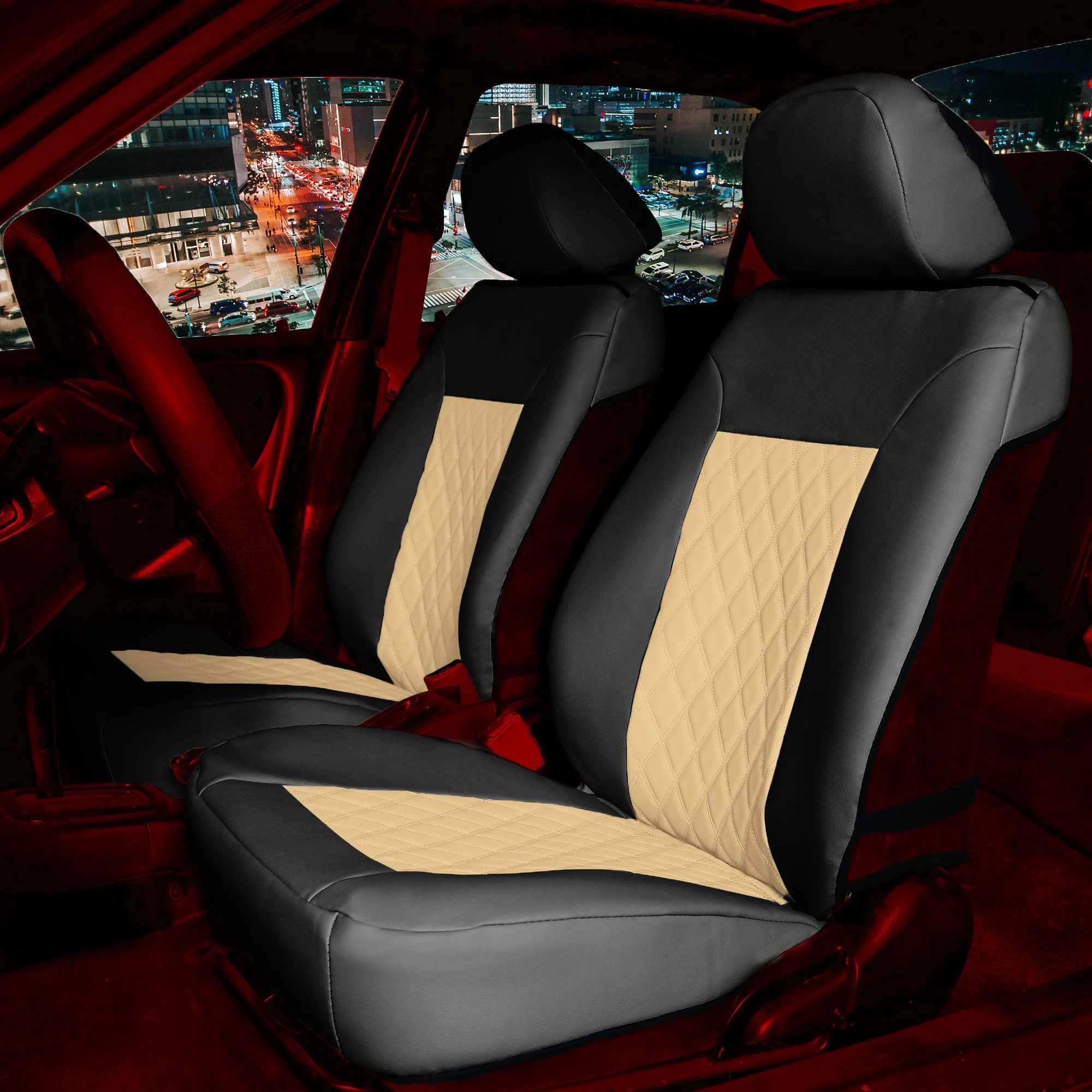 Quality Faux Leather Diamond Pattern Car Seat Cushions - Front Set Beige / Black