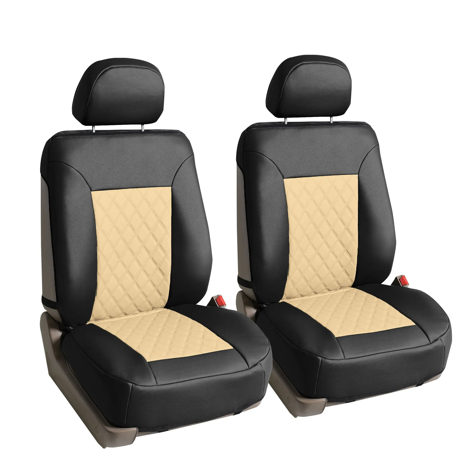 Quality Faux Leather Diamond Pattern Car Seat Cushions - Front Set Beige / Black