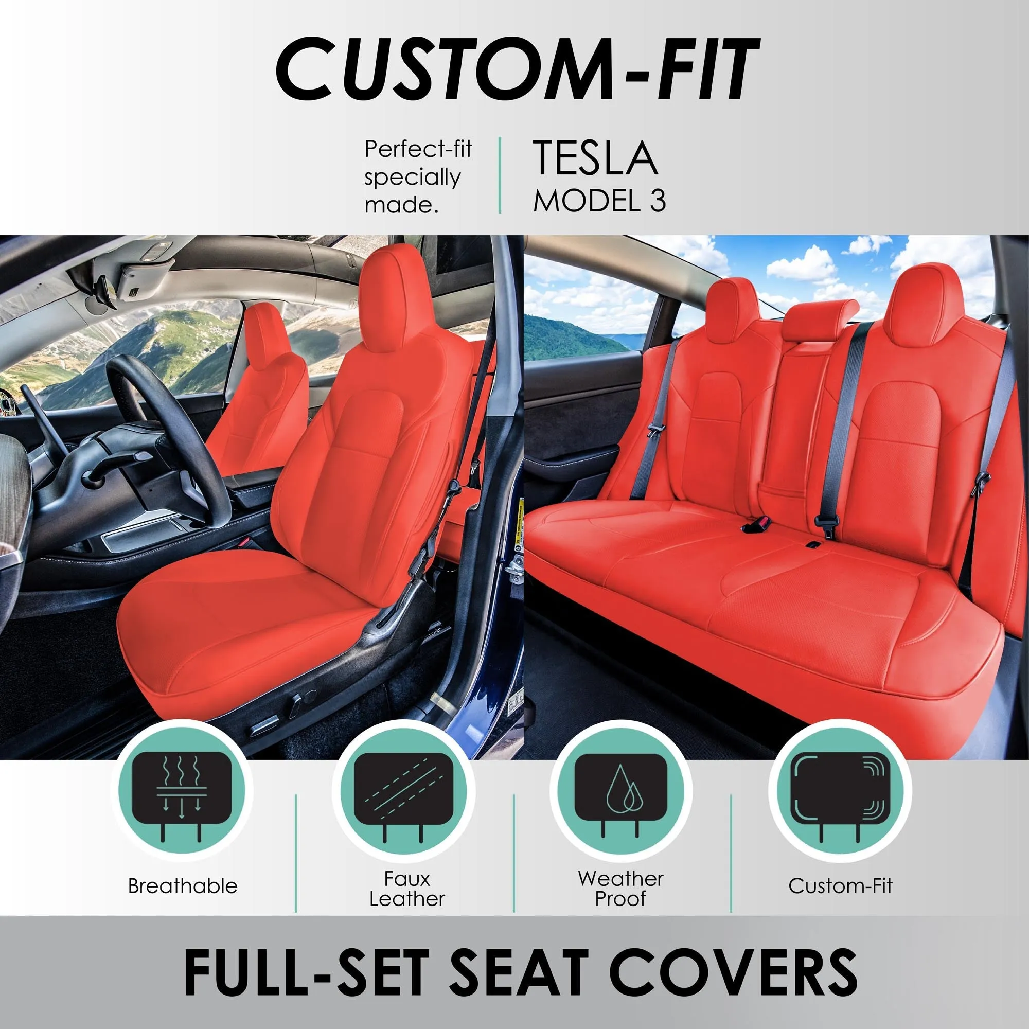 Tesla Model 3 2017 - 2023  - Full Set - Red Faux Leather