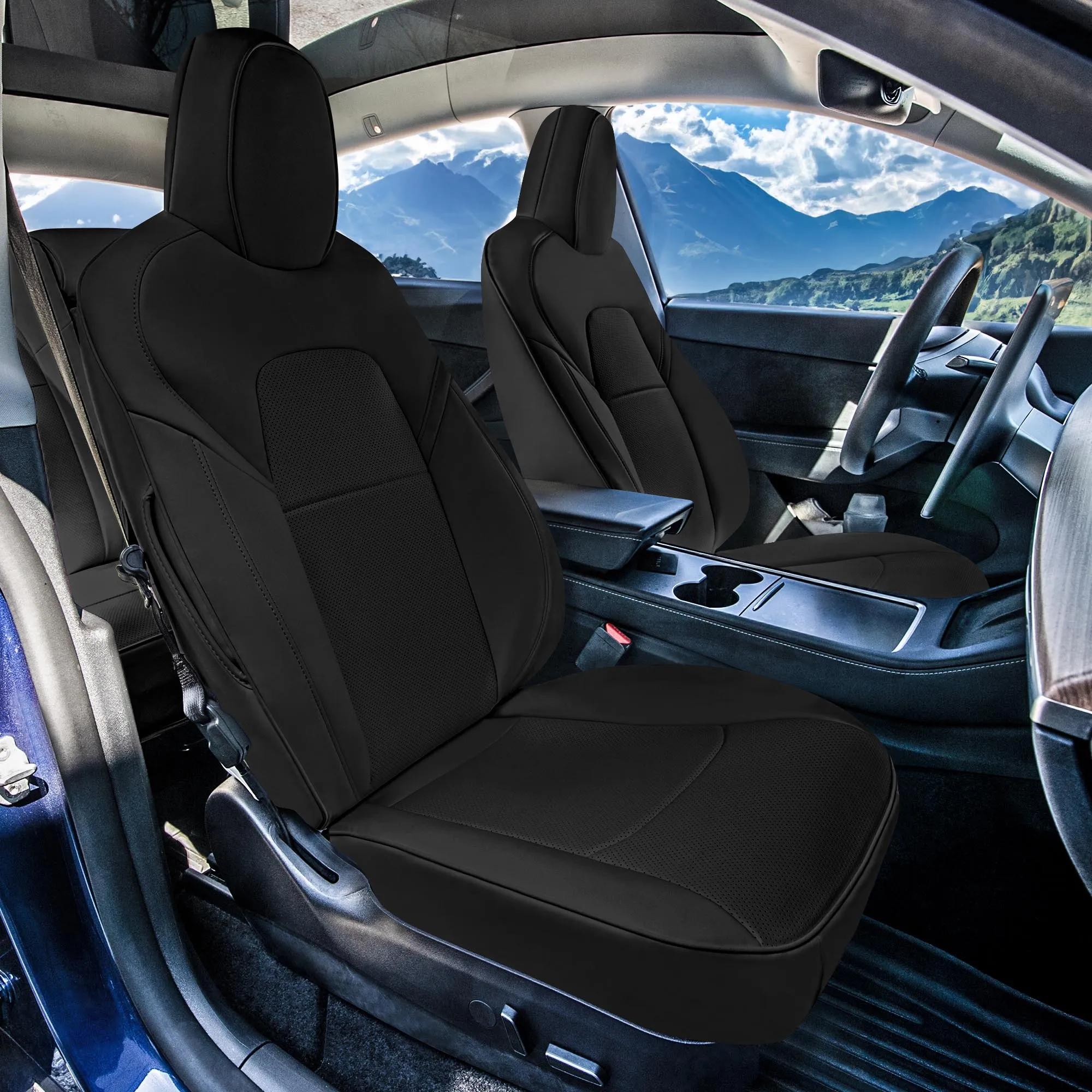 Tesla Model Y 2020 - 2024 - Front Set Seat Covers - Black Faux Leather