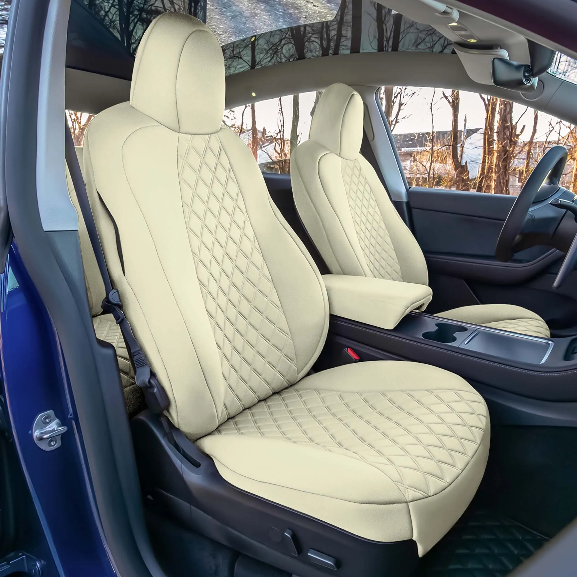 Tesla Model Y 2020 - 2024 - Front Set Seat Covers - Solid Beige Ultraflex Neoprene