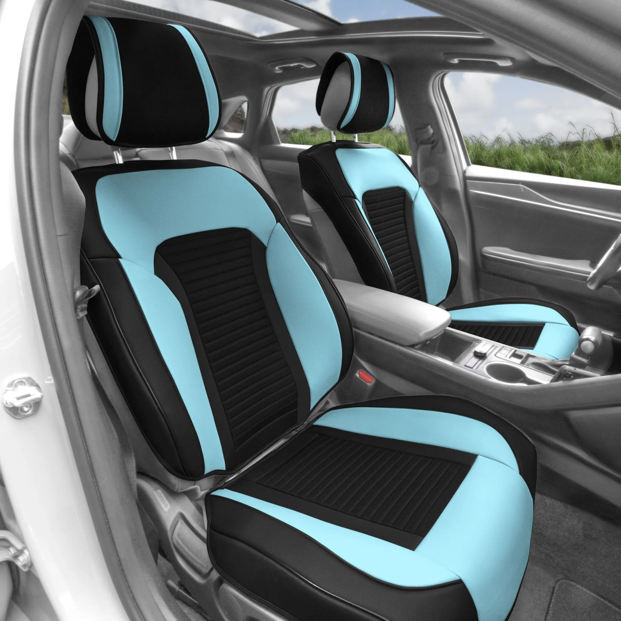 Tour19 Faux Leather 3D Mesh Seat Cushions - Front Set Blue