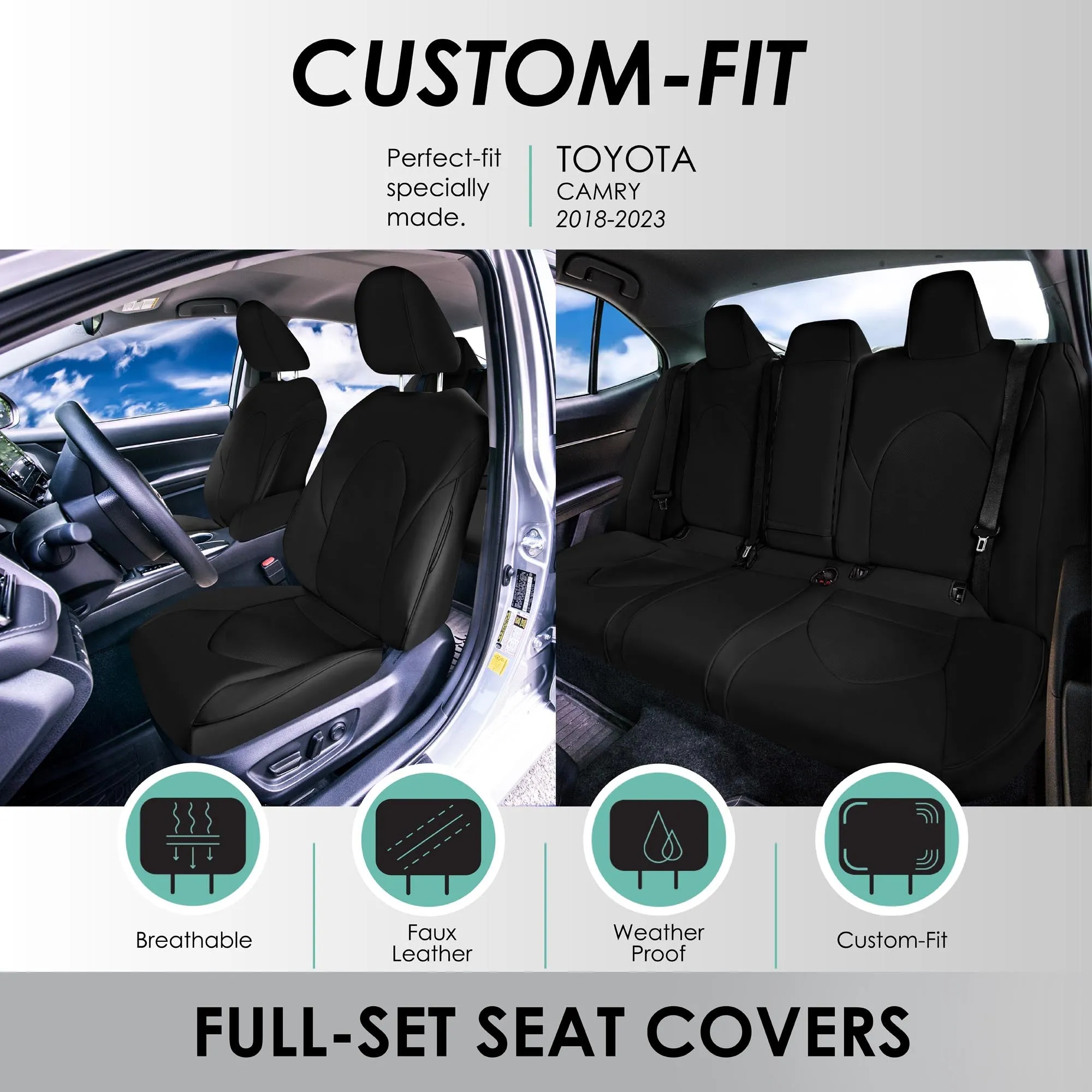 Toyota Camry 2018 - 2024 L | LE | SE | XLE | XSE - Full Set Seat Covers - Black Faux Leather