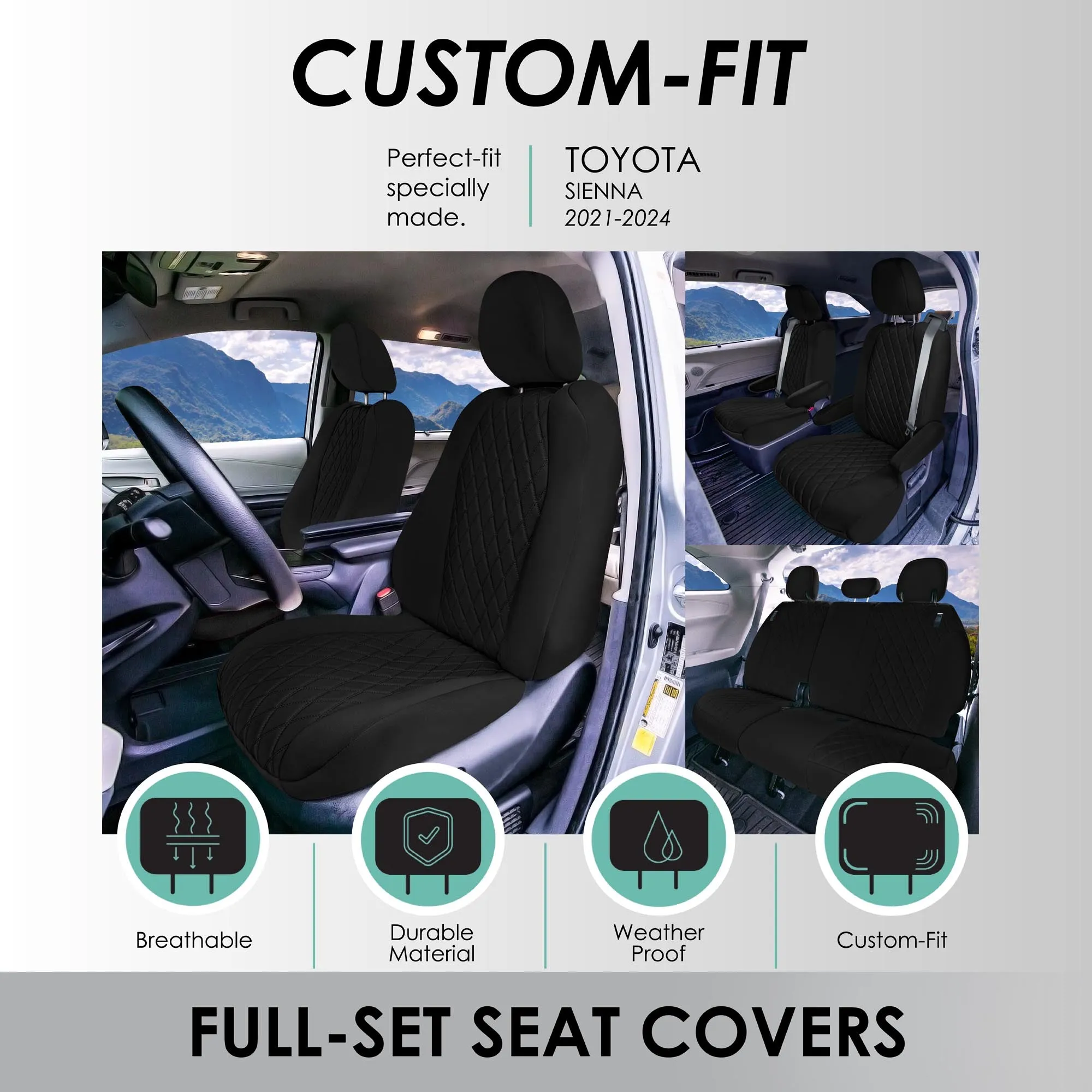 Toyota Sienna 7 Passenger - 2021 - 2024 - Full Set Seat Covers - Black Ultraflex Neoprene