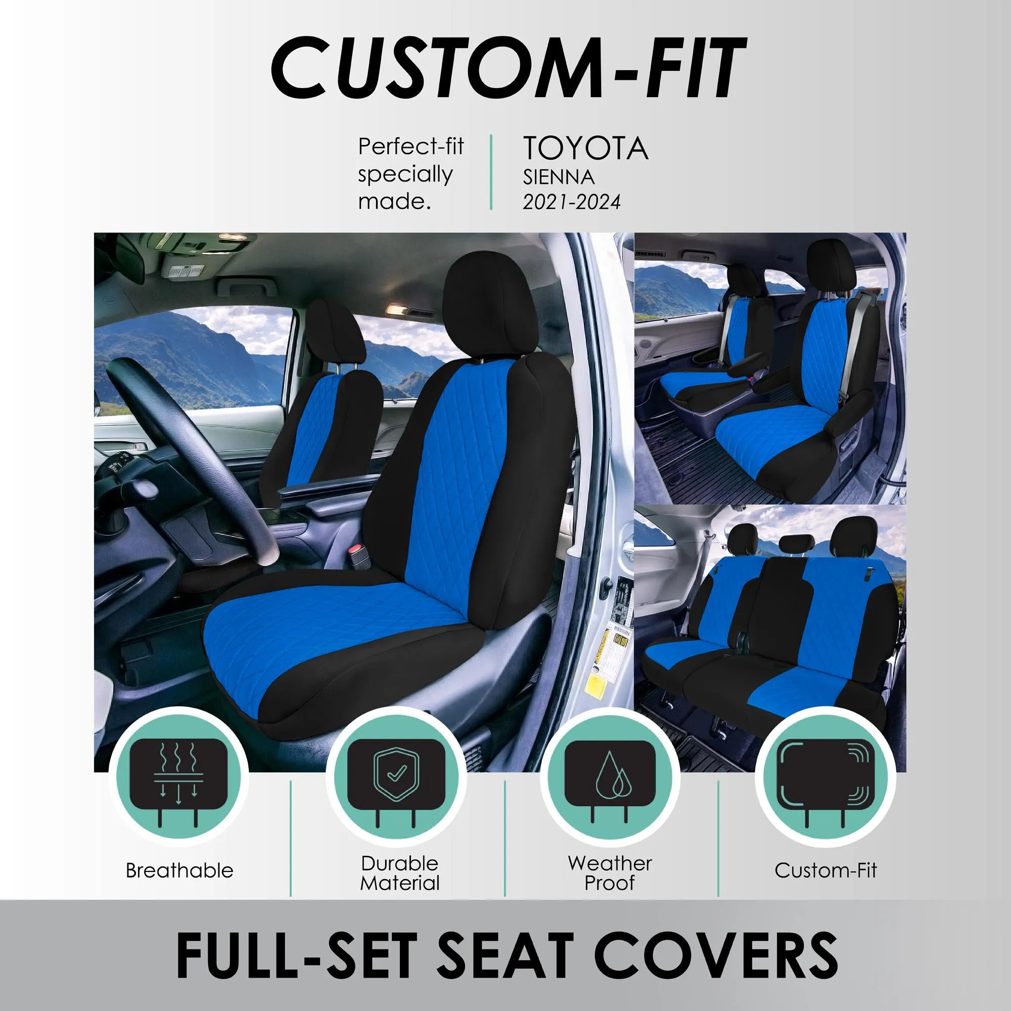 Toyota Sienna 7 Passenger - 2021 - 2024 - Full Set Seat Covers - Blue Ultraflex Neoprene