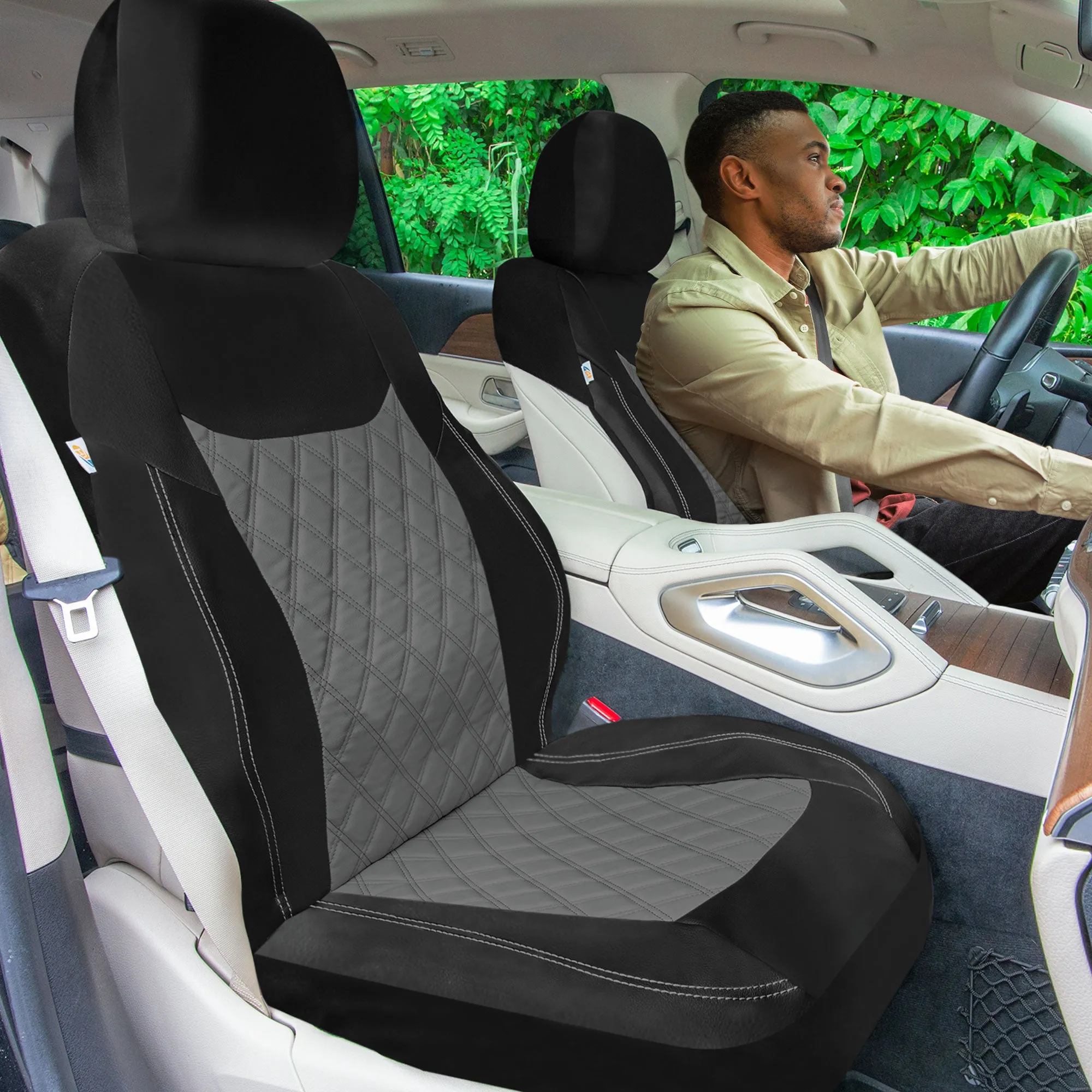 Ultra Modern Quilted Leatherette Seat Covers Full Set - Gray