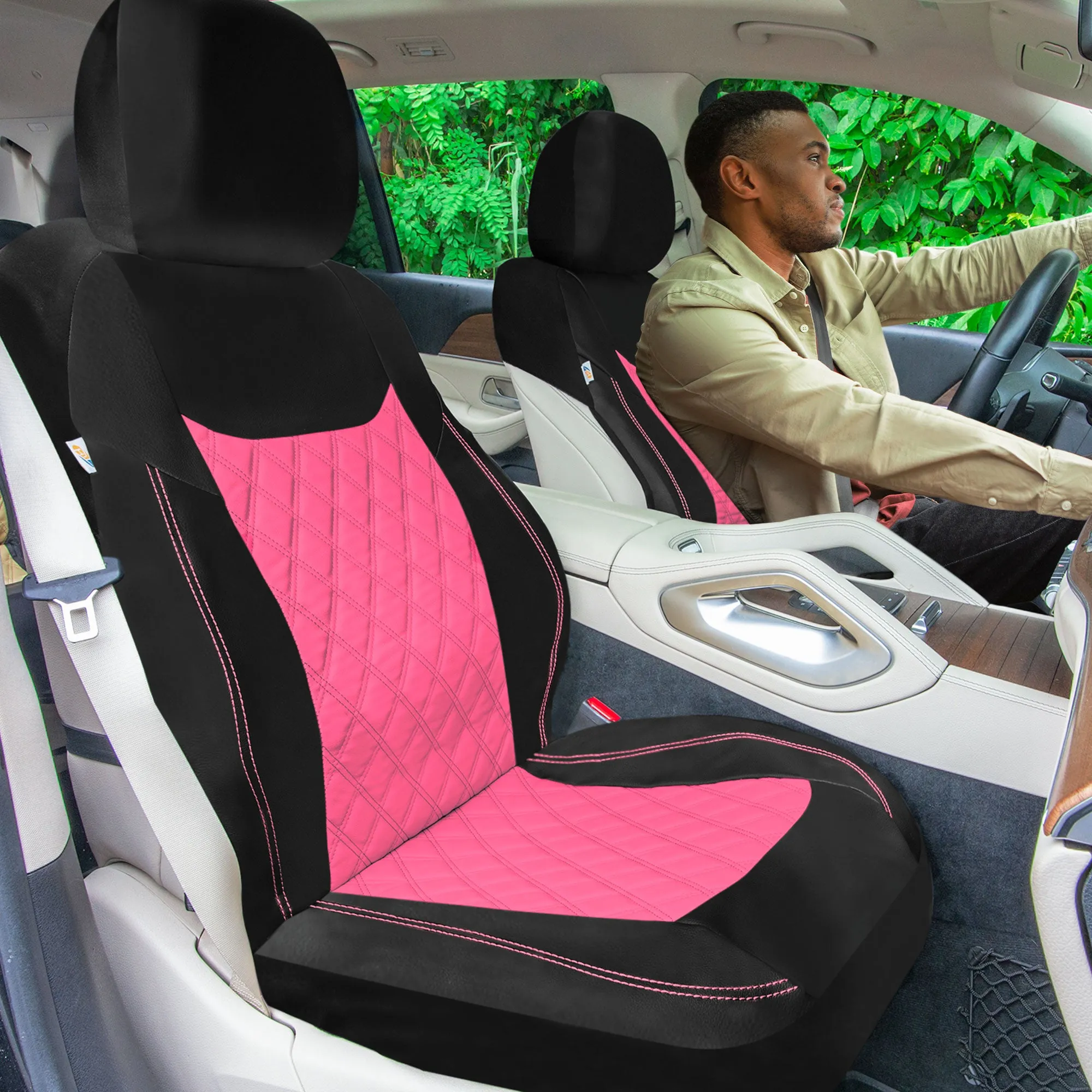 Ultra Modern Quilted Leatherette Seat Covers Full Set - Pink