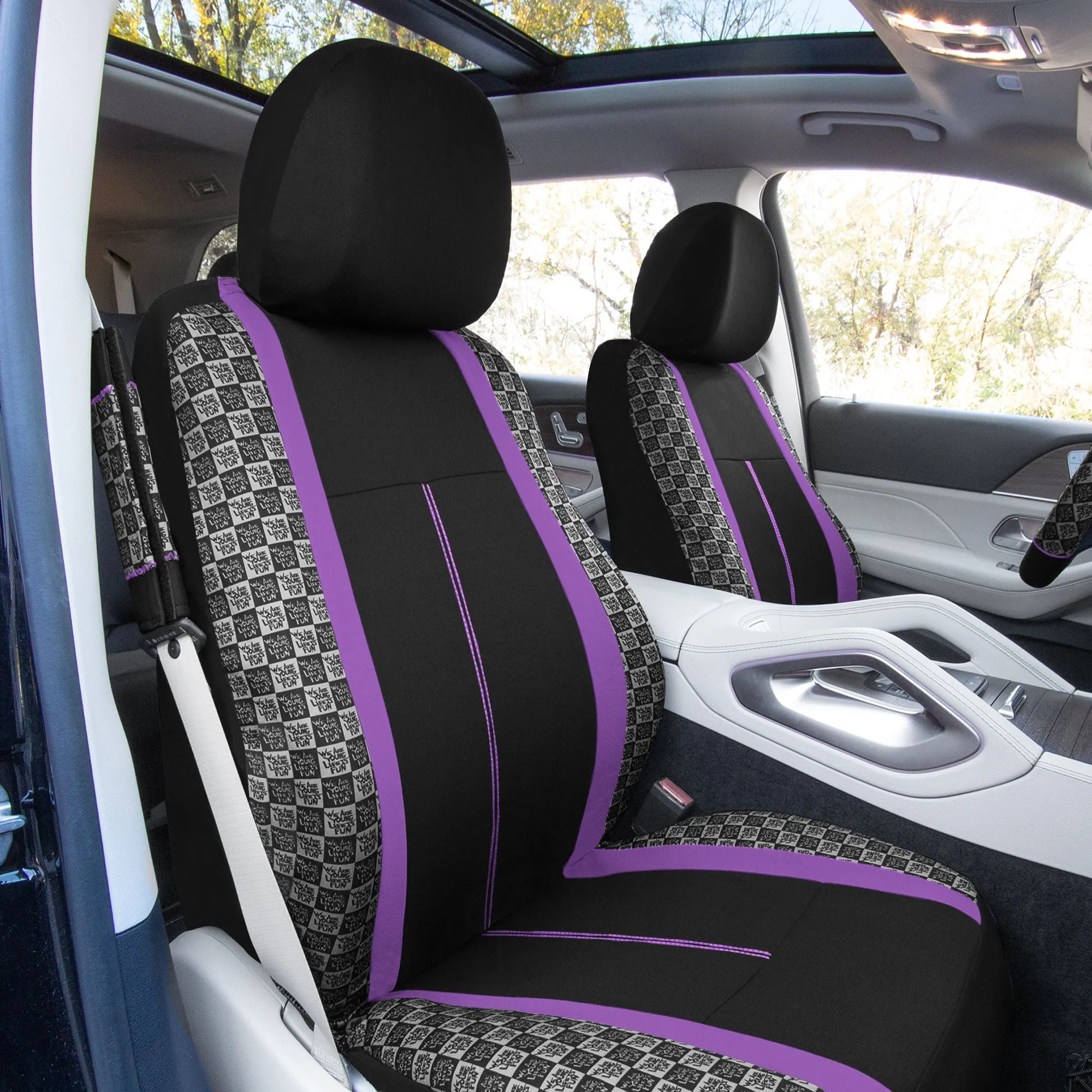 We Are Young Life is Fun Checker Printed Seat Covers - Combo Full Set Purple