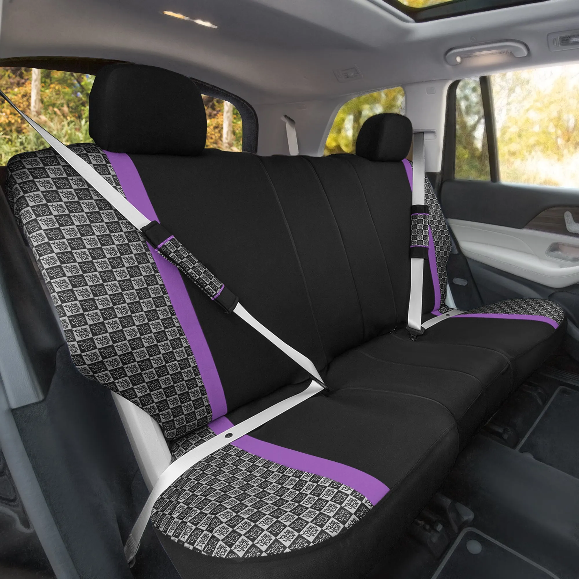 We Are Young Life is Fun Checker Printed Seat Covers - Combo Full Set Purple