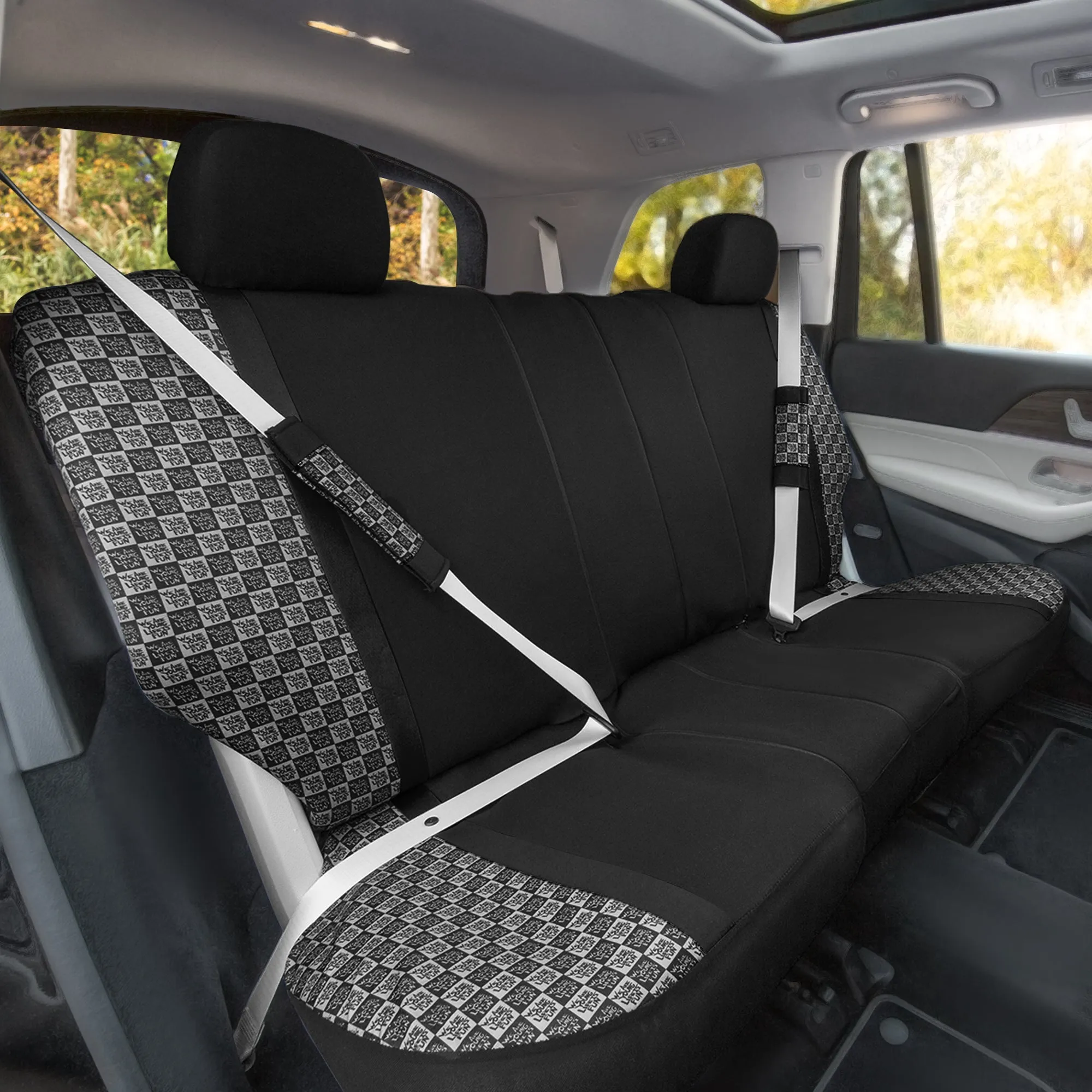 We Are Young Life is Fun Checker Printed Seat Covers, Floor Mats, and Steering Wheel Cover - Black Combo Full Set