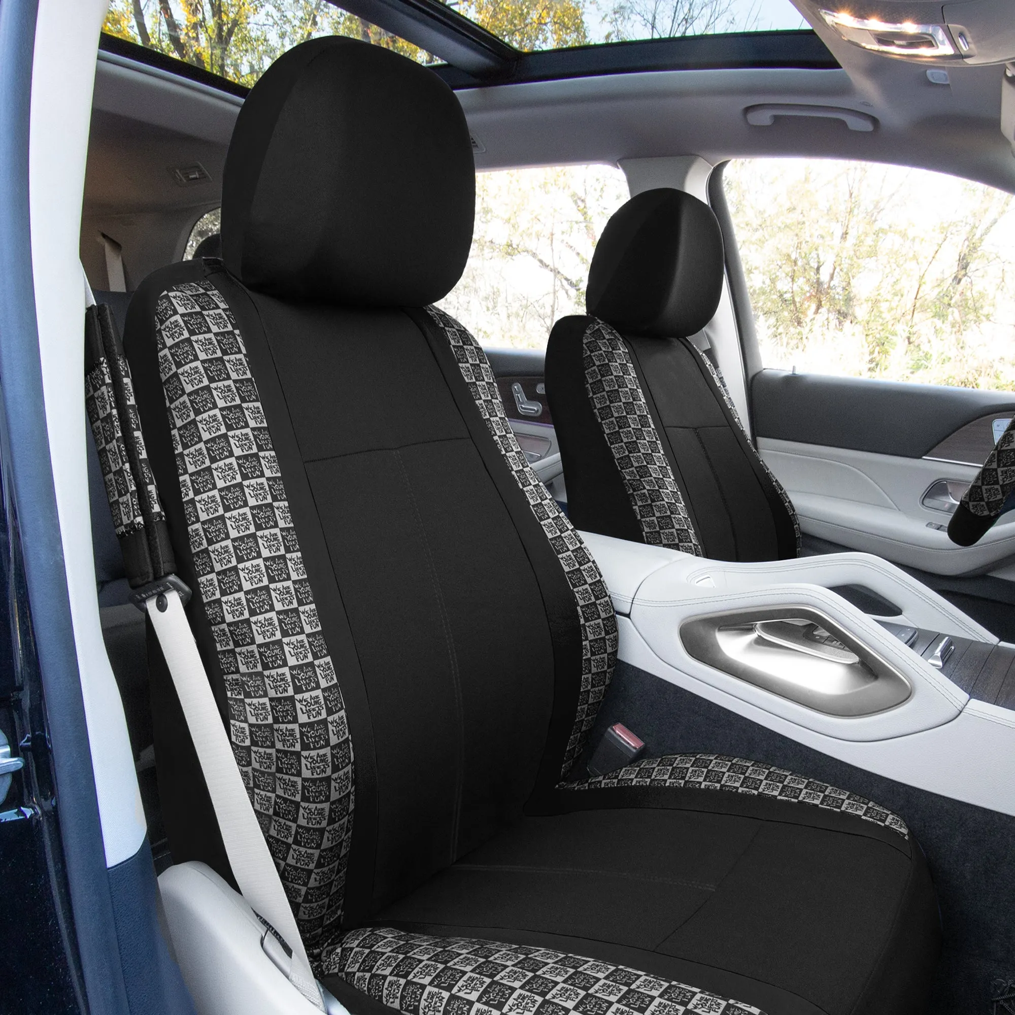 We Are Young Life is Fun Checker Printed Seat Covers, Floor Mats, and Steering Wheel Cover - Black Combo Full Set