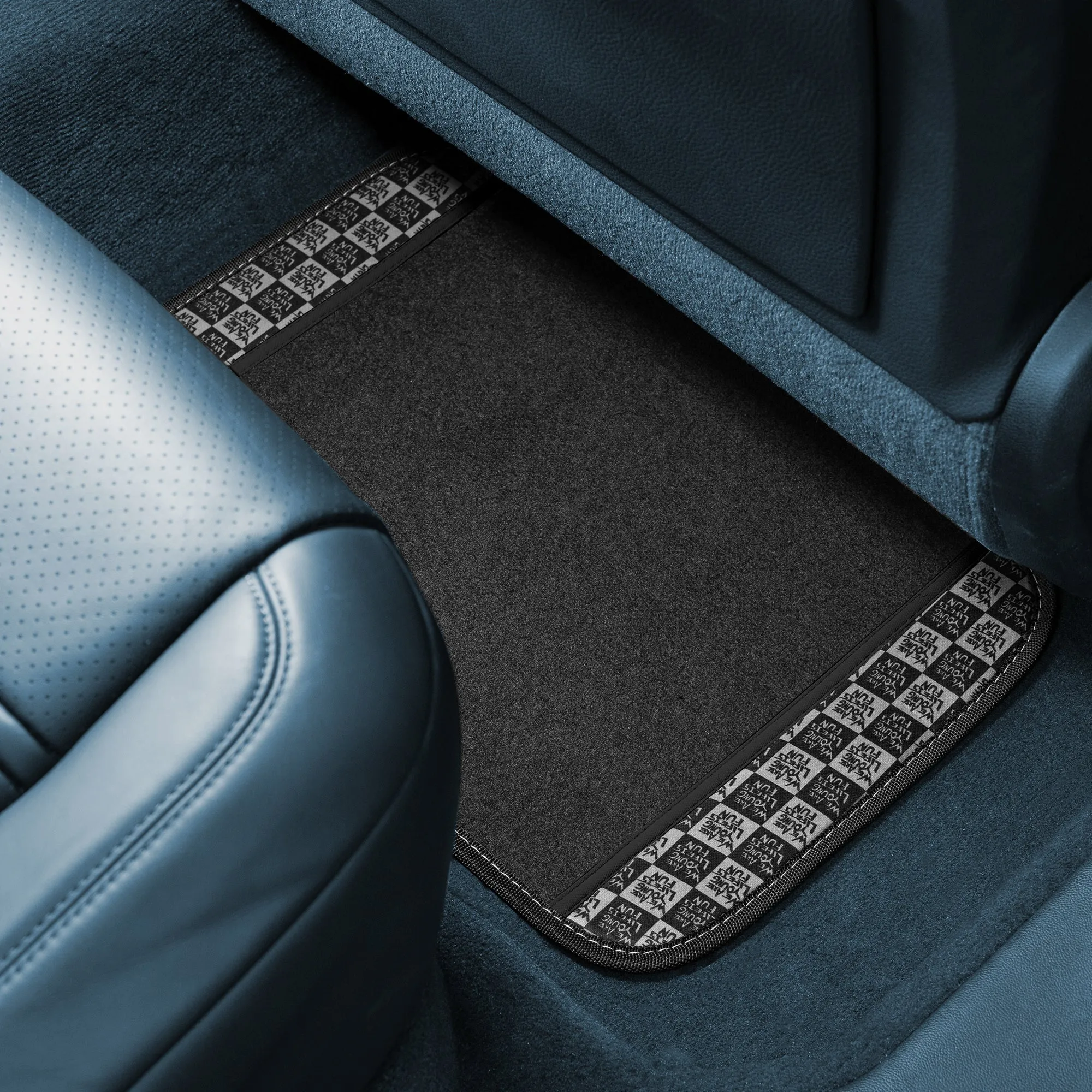 We Are Young Life is Fun Checker Printed Seat Covers, Floor Mats, and Steering Wheel Cover - Black Combo Full Set