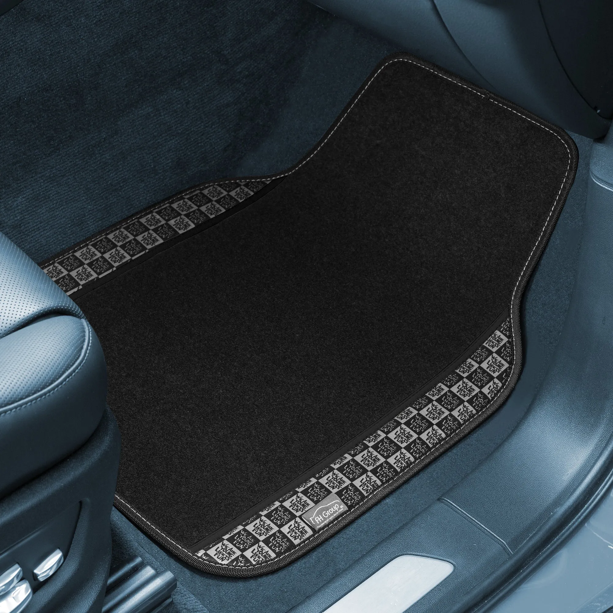 We Are Young Life is Fun Checker Printed Seat Covers, Floor Mats, and Steering Wheel Cover - Black Combo Full Set