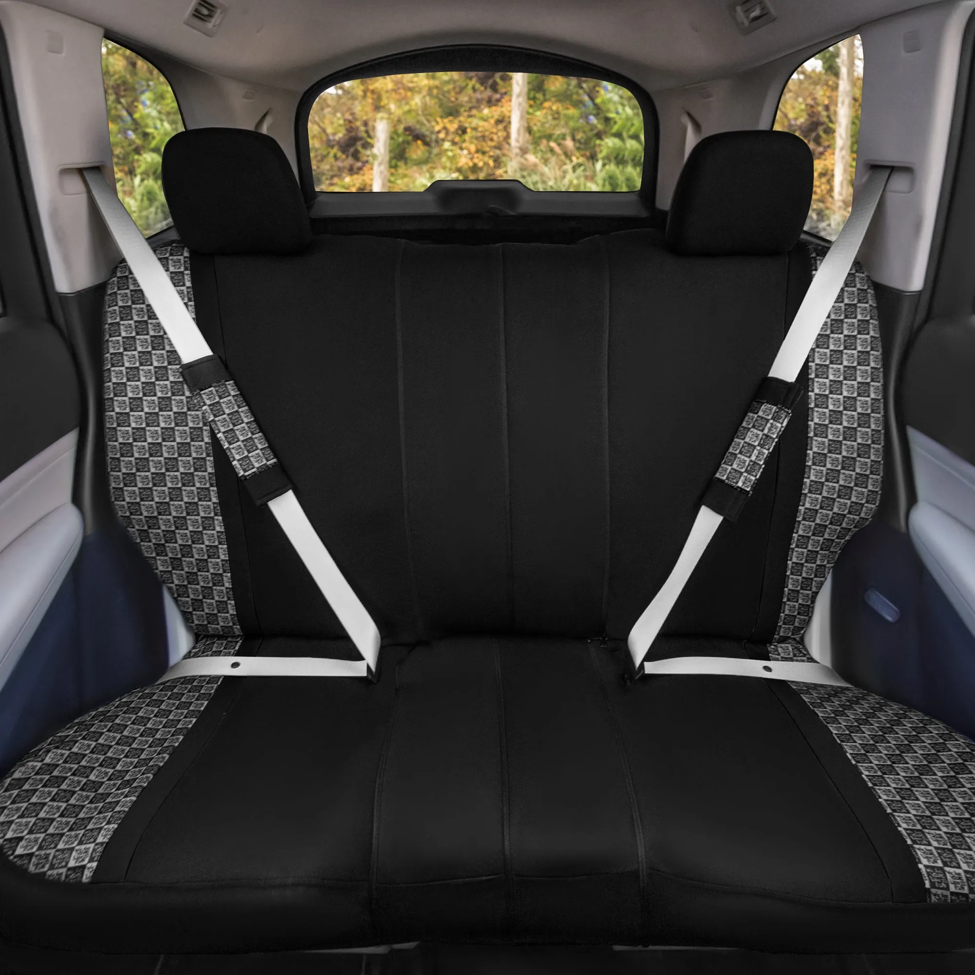 We Are Young Life is Fun Checker Printed Seat Covers, Floor Mats, and Steering Wheel Cover - Black Combo Full Set