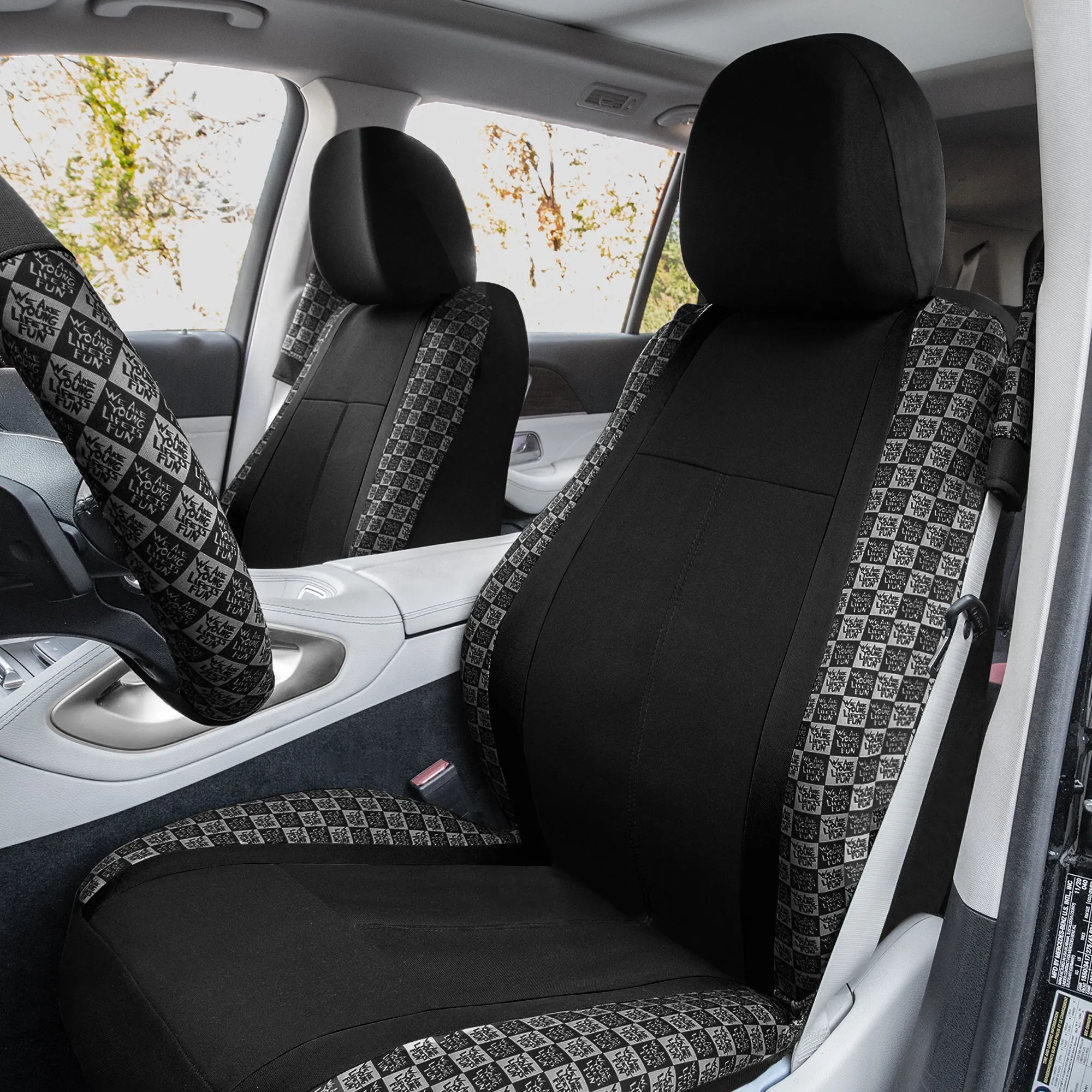 We Are Young Life is Fun Checker Printed Seat Covers, Floor Mats, and Steering Wheel Cover - Black Combo Full Set