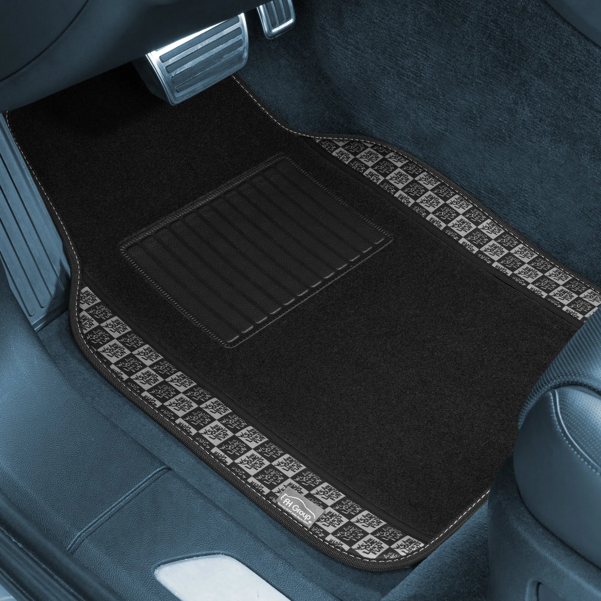 We Are Young Life is Fun Checker Printed Seat Covers, Floor Mats, and Steering Wheel Cover - Black Combo Full Set