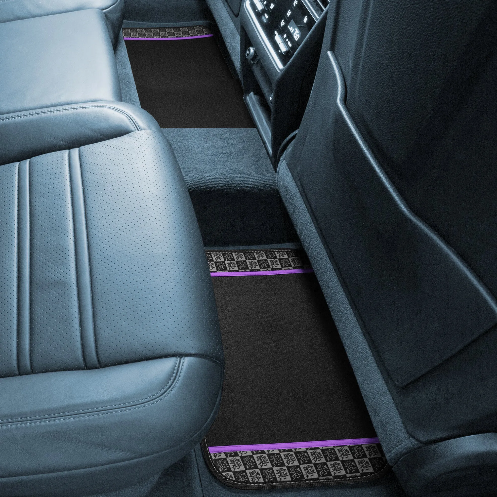 We Are Young Life is Fun Checker Printed Seat Covers, Floor Mats, and Steering Wheel Cover - Purple Combo Full Set