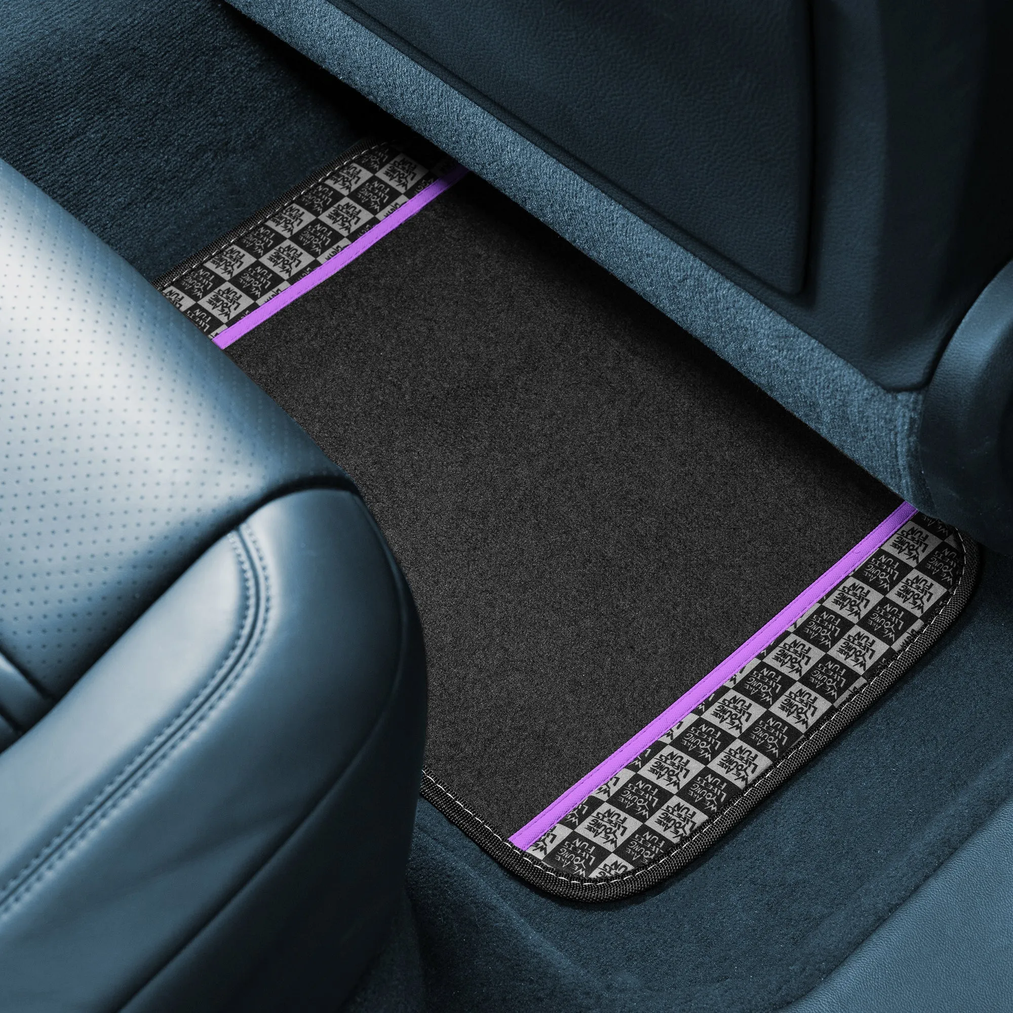 We Are Young Life is Fun Checker Printed Seat Covers, Floor Mats, and Steering Wheel Cover - Purple Combo Full Set