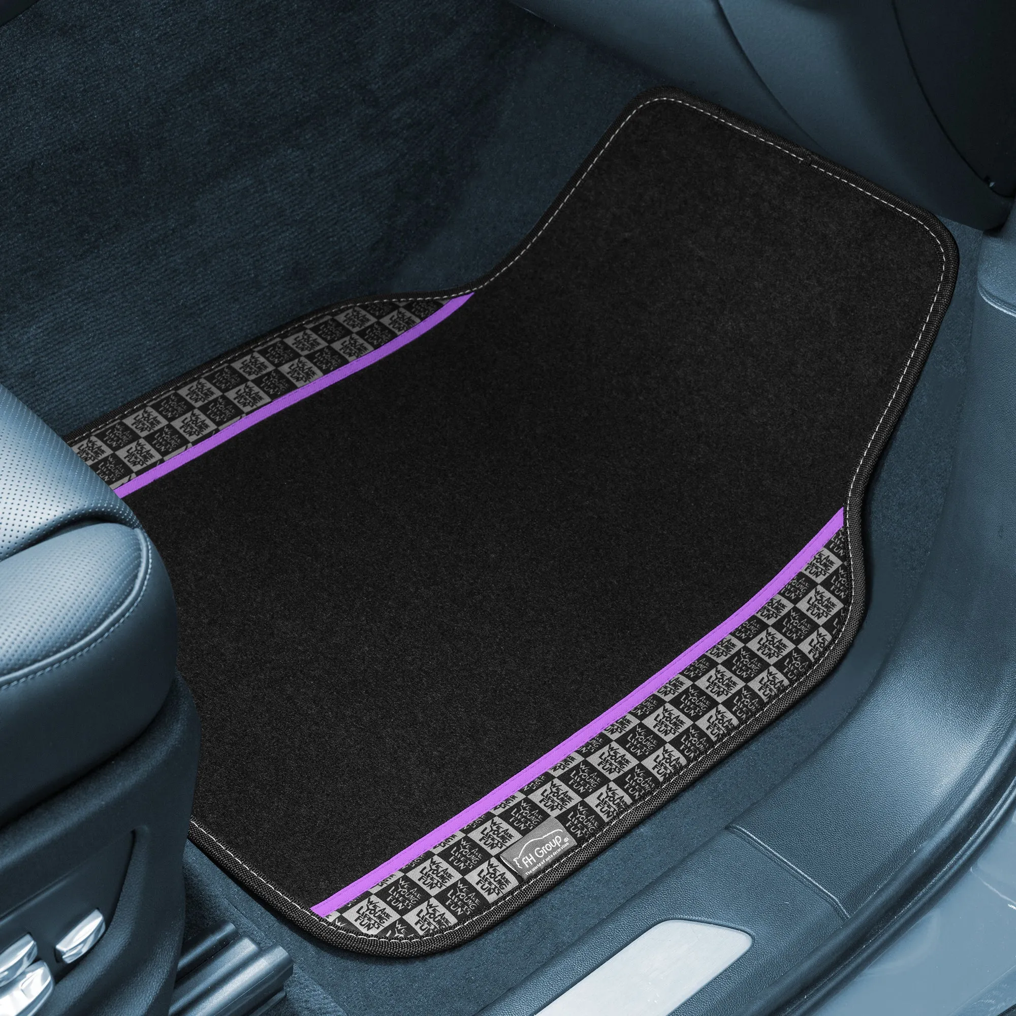 We Are Young Life is Fun Checker Printed Seat Covers, Floor Mats, and Steering Wheel Cover - Purple Combo Full Set